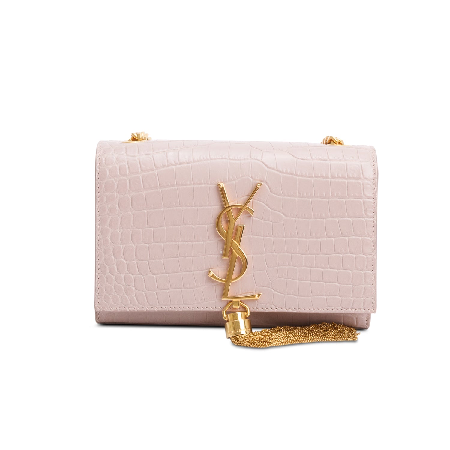 Saint Laurent Pink Croc-Embossed Leather Mini Kate Tassel Bag