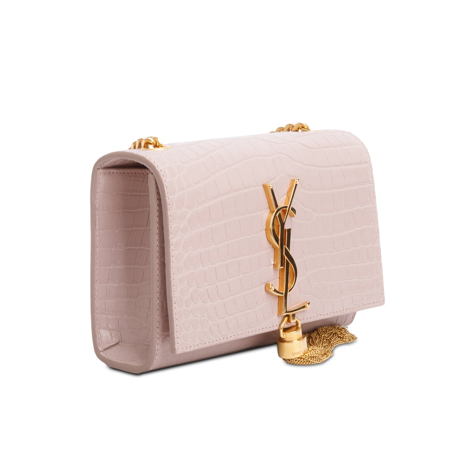 Saint Laurent Pink Croc-Embossed Leather Mini Kate Tassel Bag