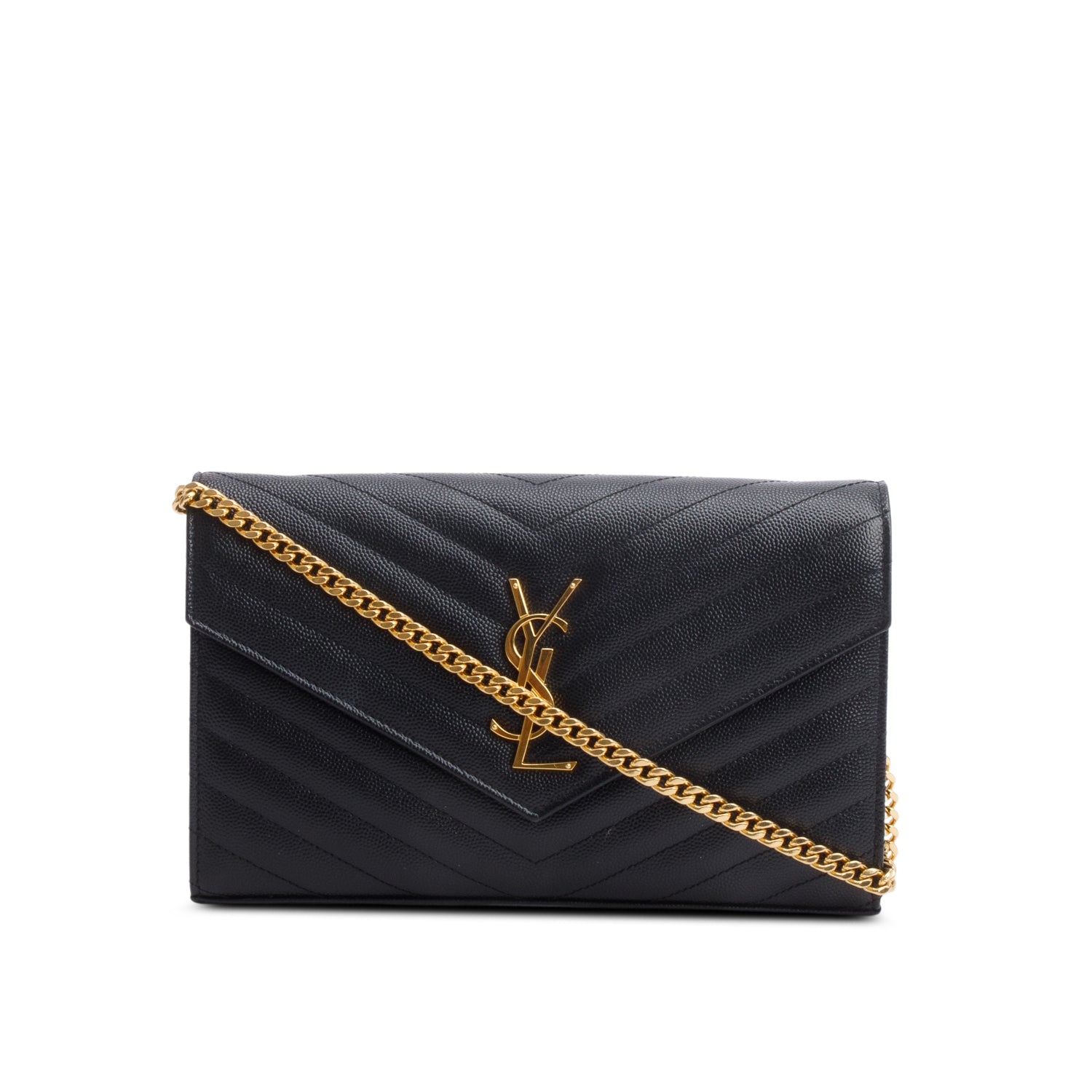 Saint Laurent 2022 Black Grain De Poudre Leather Envelope Chain Wallet w/ Receipt