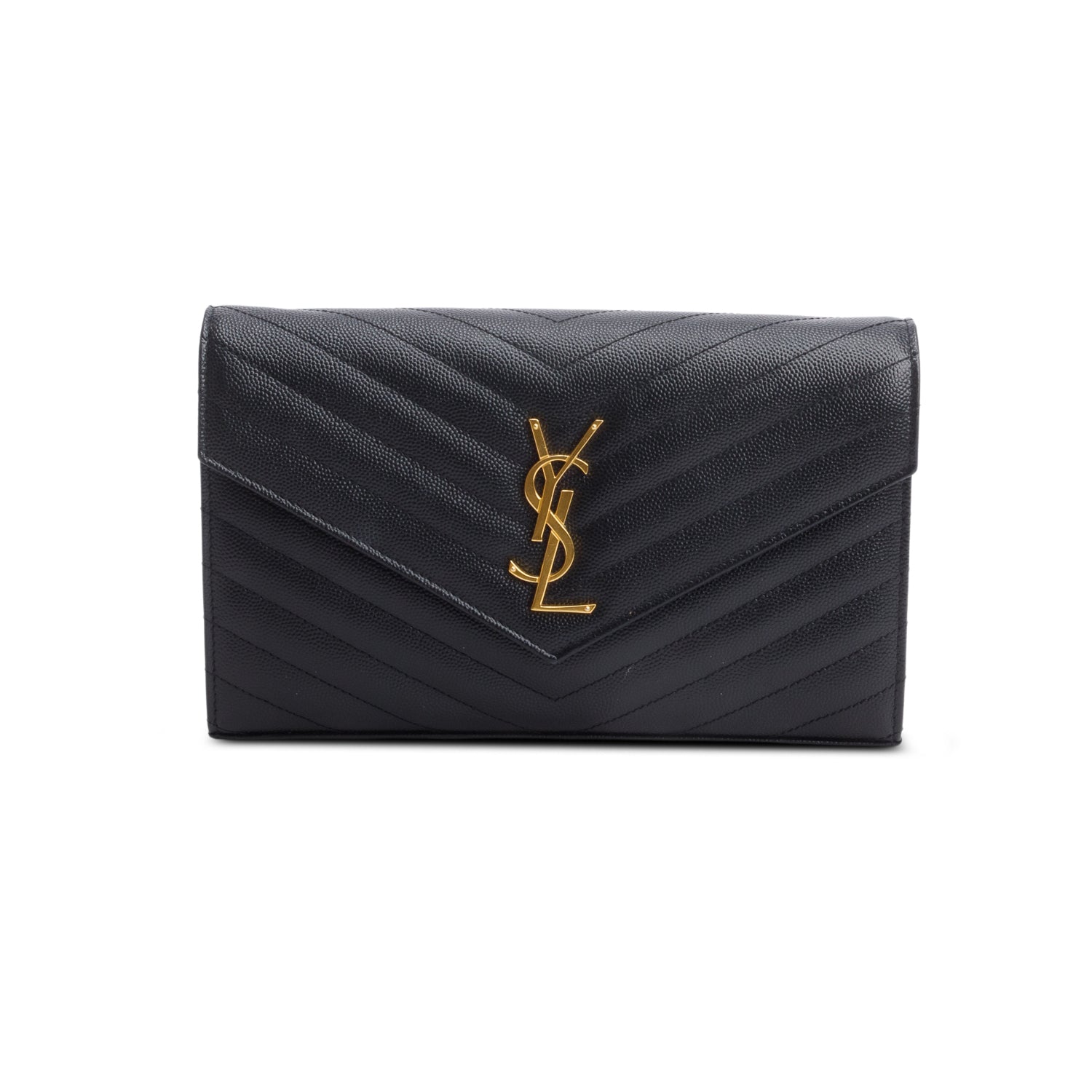 Saint Laurent 2022 Black Grain De Poudre Leather Envelope Chain Wallet w/ Receipt