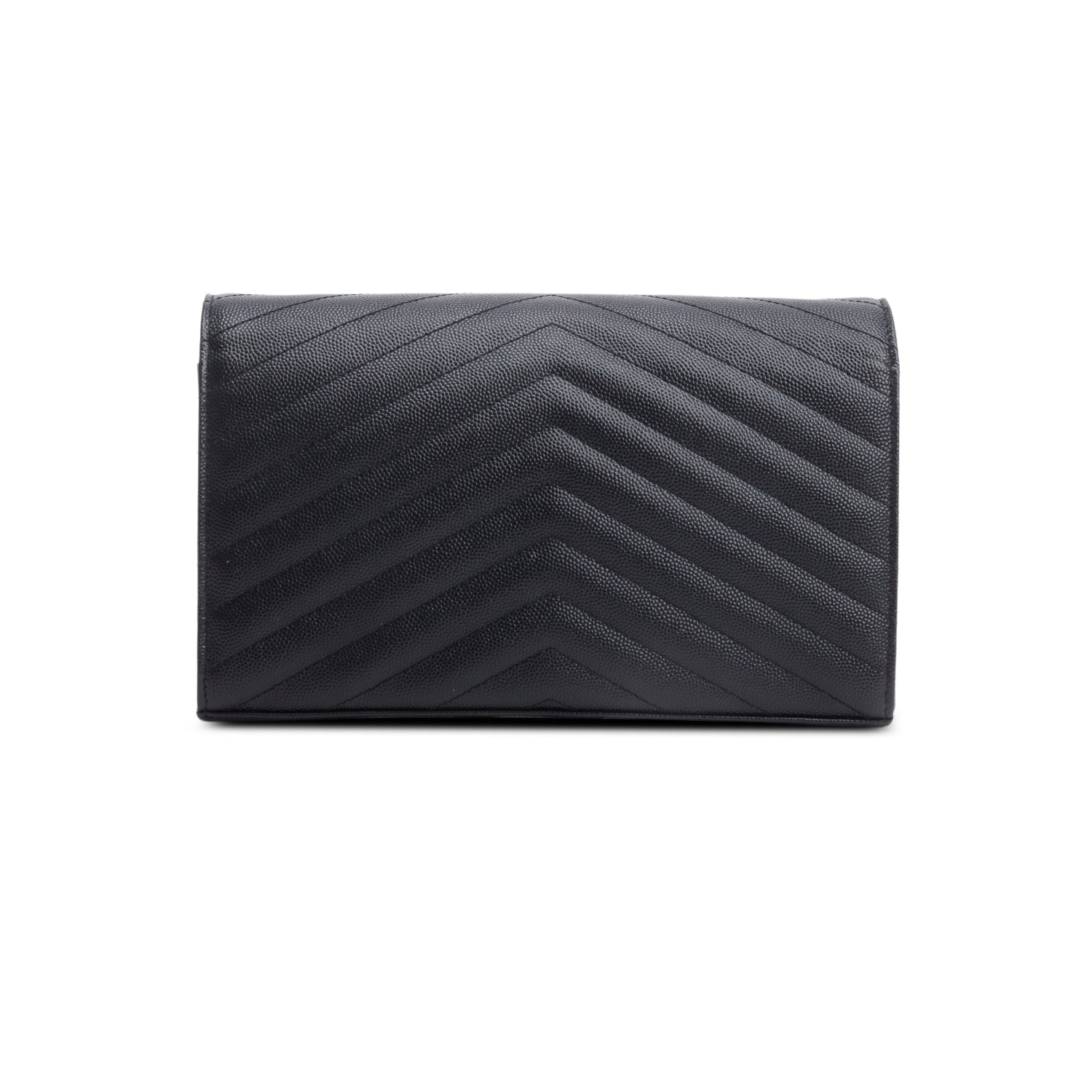 Saint Laurent 2022 Black Grain De Poudre Leather Envelope Chain Wallet w/ Receipt