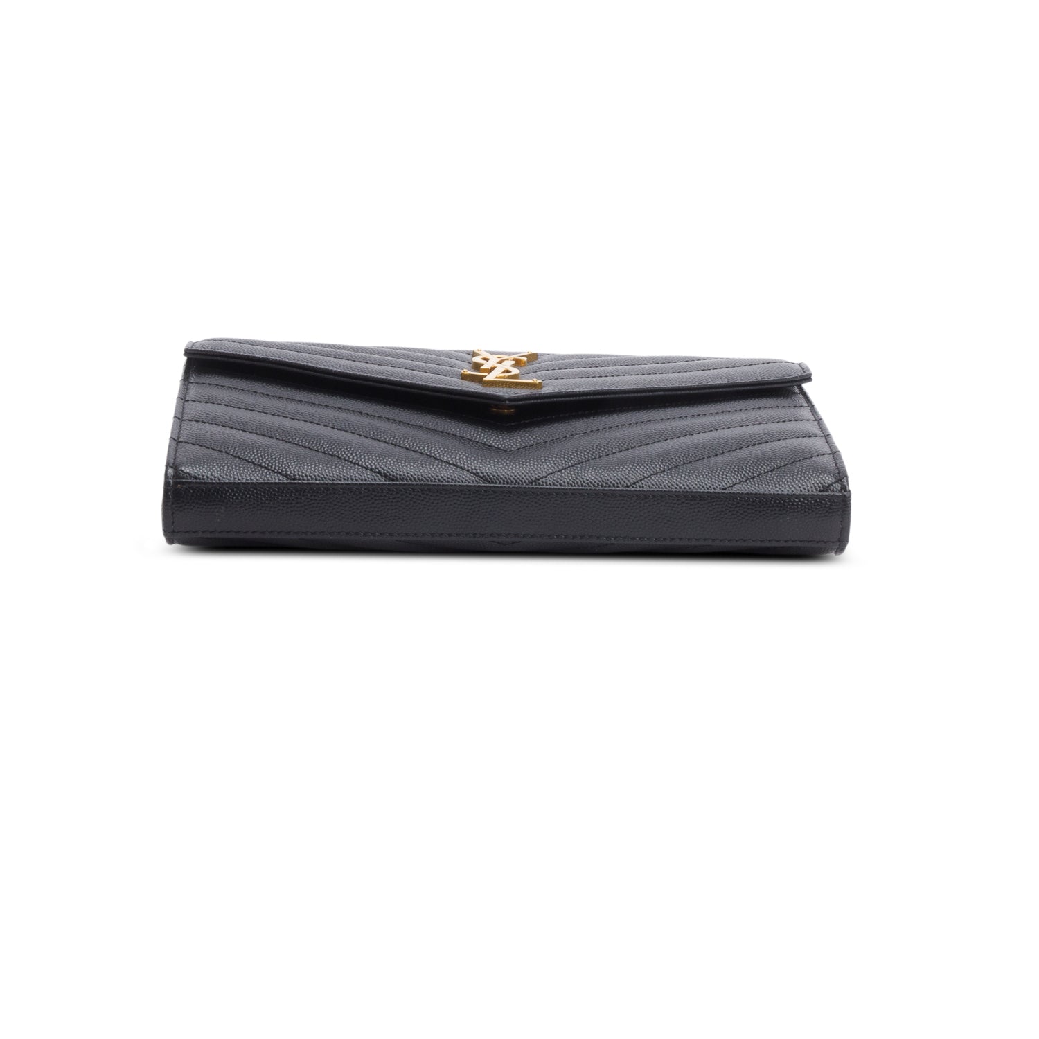Saint Laurent 2022 Black Grain De Poudre Leather Envelope Chain Wallet w/ Receipt