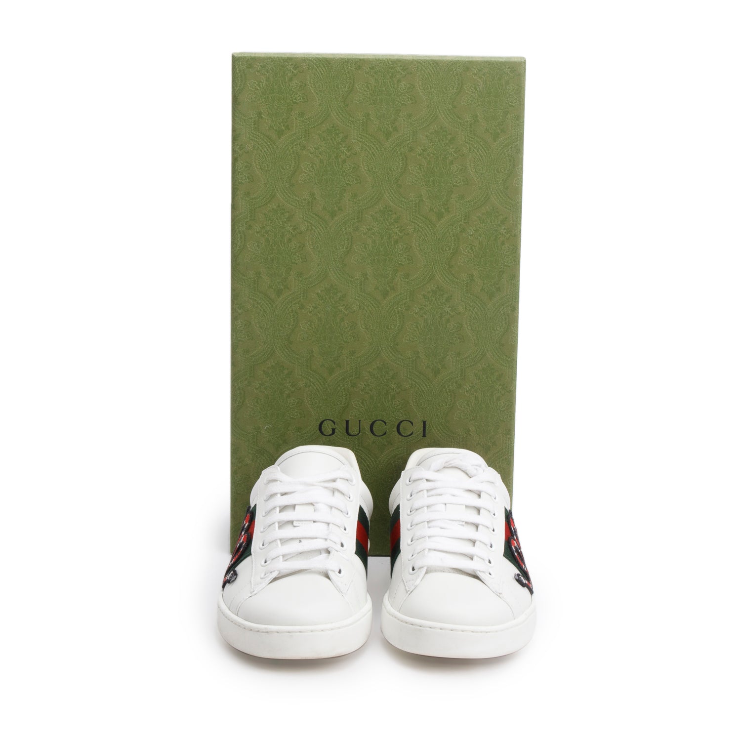 Gucci White Leather Embroidered Web Snake Ace Sneakers, Men's Size 5 w/ Box