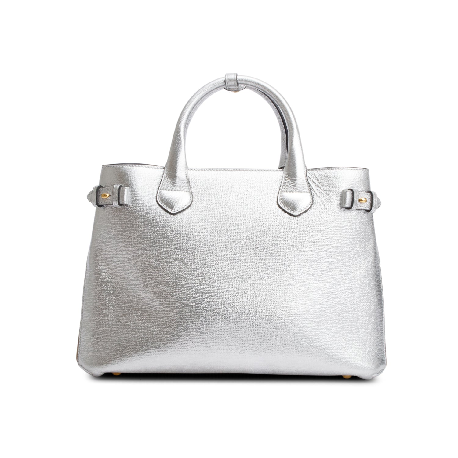 Burberry Metallic Silver Calfskin Leather House Check Medium Banner Tote w/ Strap