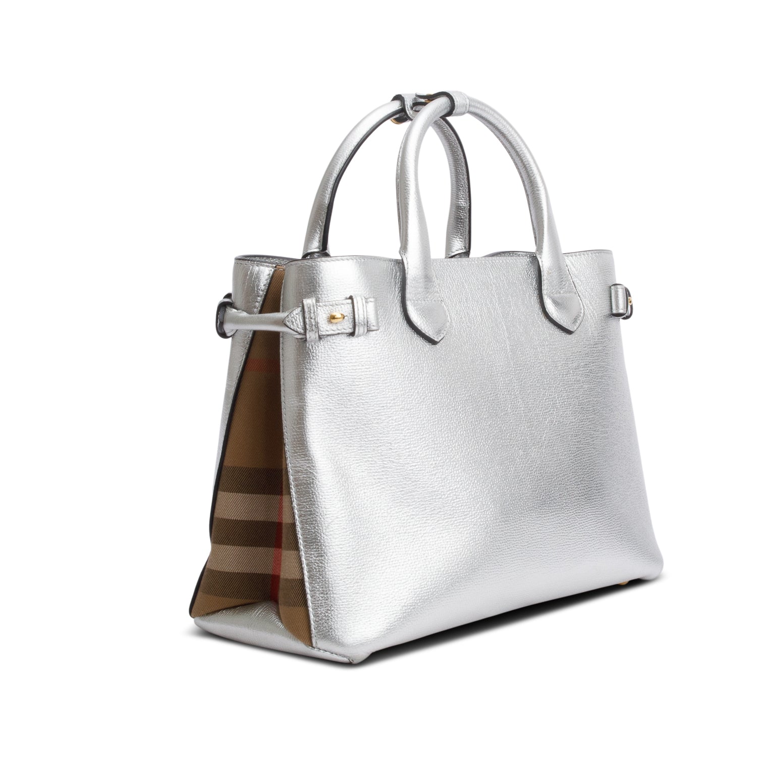 Burberry Metallic Silver Calfskin Leather House Check Medium Banner Tote w/ Strap
