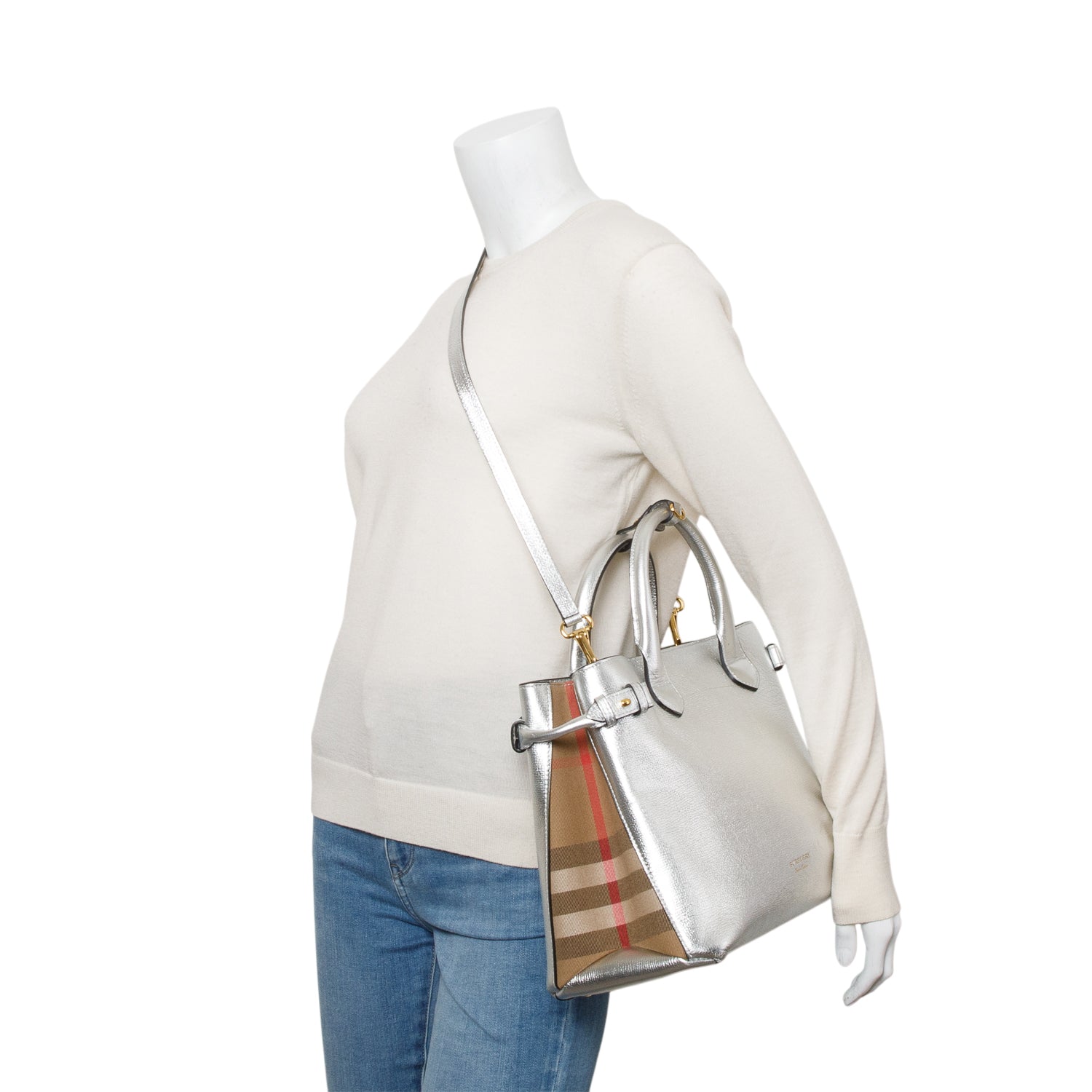 Burberry Metallic Silver Calfskin Leather House Check Medium Banner Tote w/ Strap