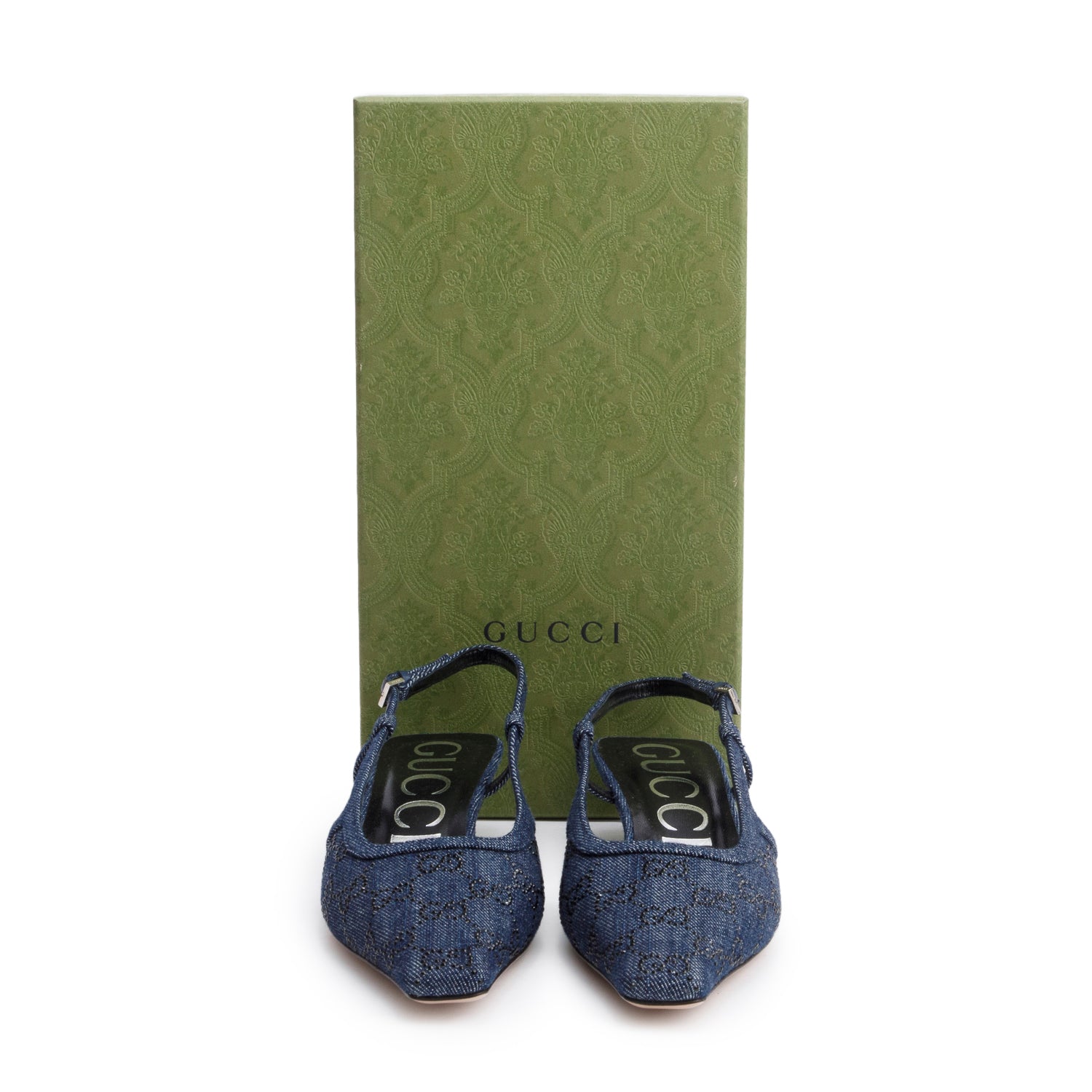 Gucci Blue Denim GG Crystal Slingback Pump, Size 38 w/ Box