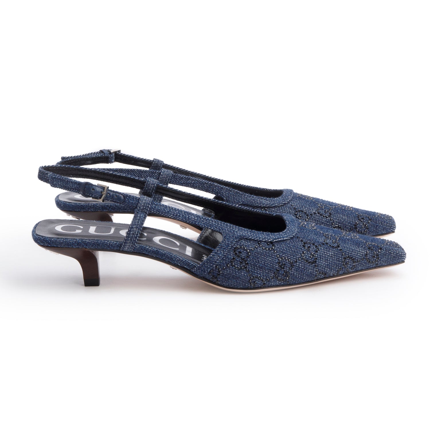 Gucci Blue Denim GG Crystal Slingback Pump, Size 38 w/ Box