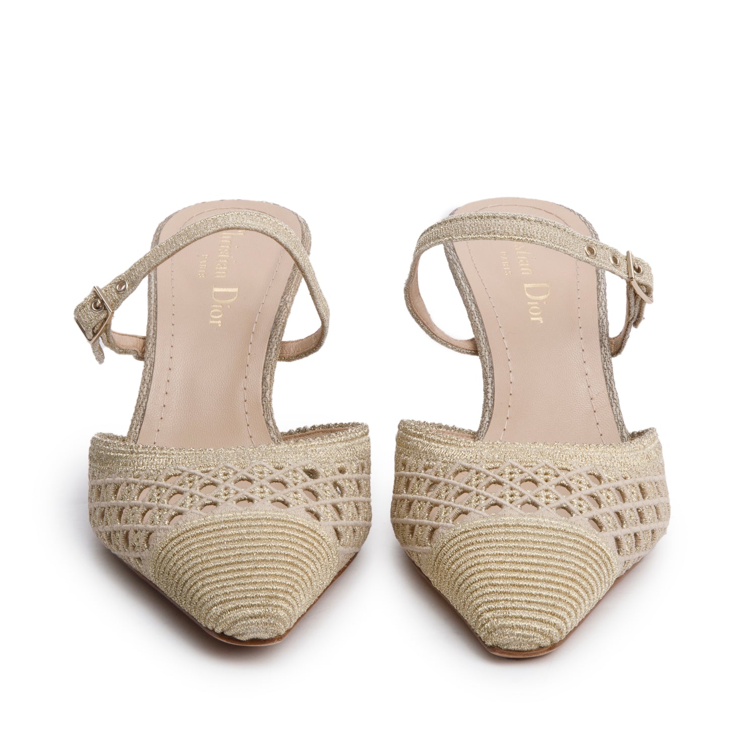 Christian Dior Beige/Gold Cannage Fabric Capture Slingback Pumps, Size 37 w/ Box