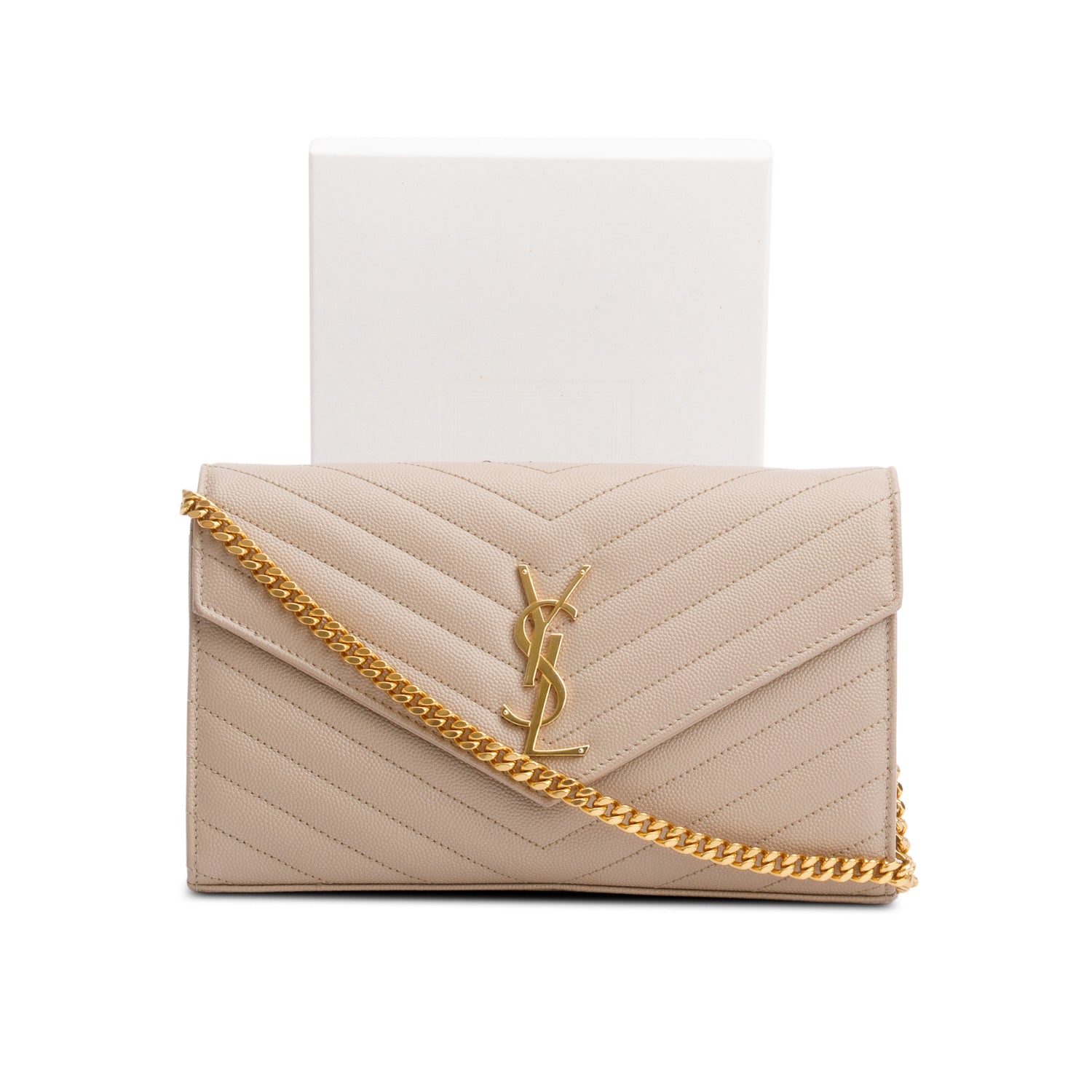 Saint Laurent 2023 Beige Grain De Poudre Leather Cassandre Envelope Chain Wallet w/ Box & Receipt