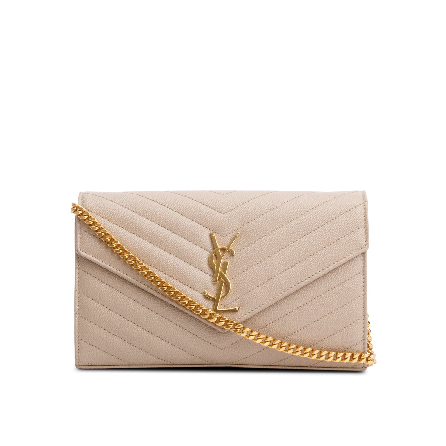 Saint Laurent 2023 Beige Grain De Poudre Leather Cassandre Envelope Chain Wallet w/ Box & Receipt
