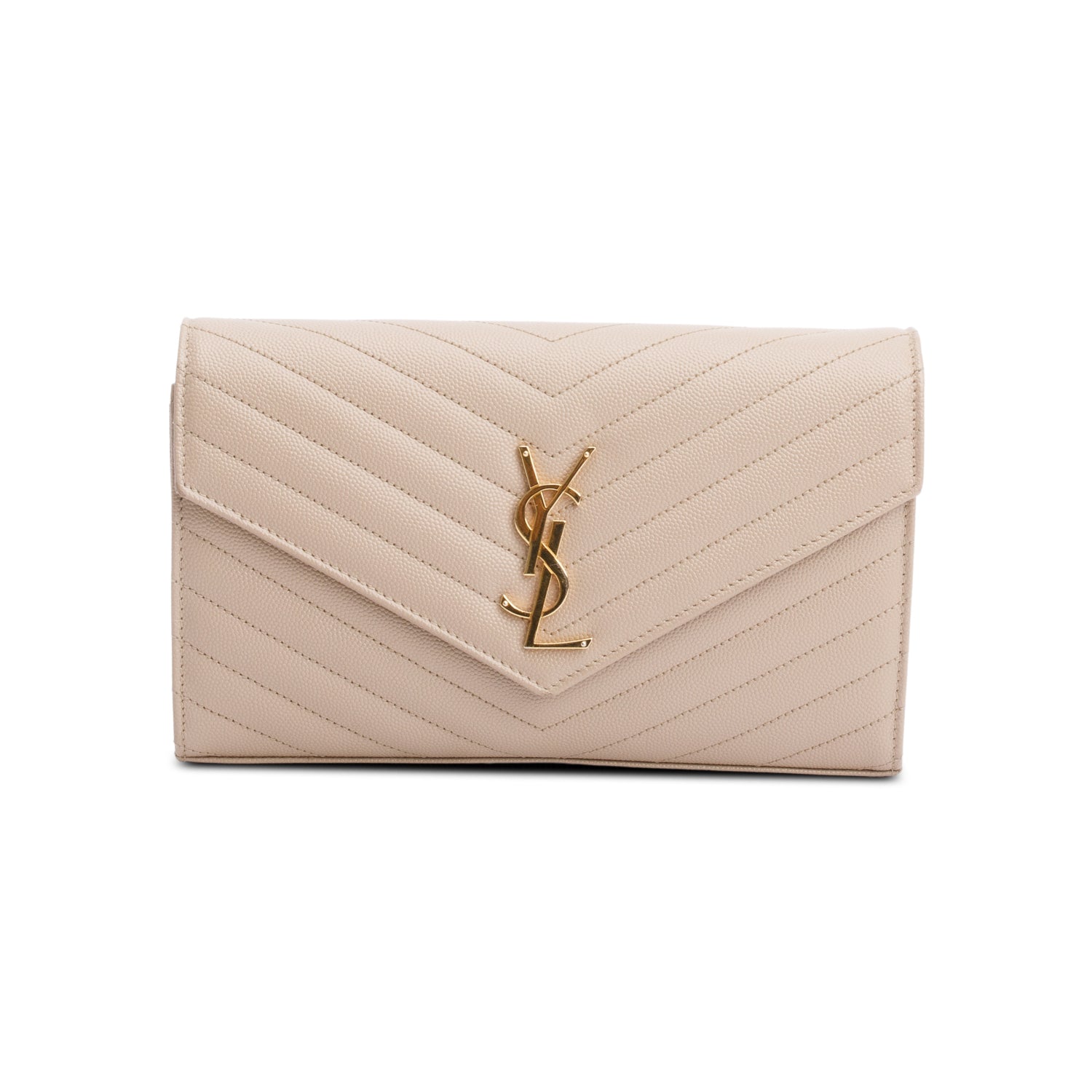Saint Laurent 2023 Beige Grain De Poudre Leather Cassandre Envelope Chain Wallet w/ Box & Receipt