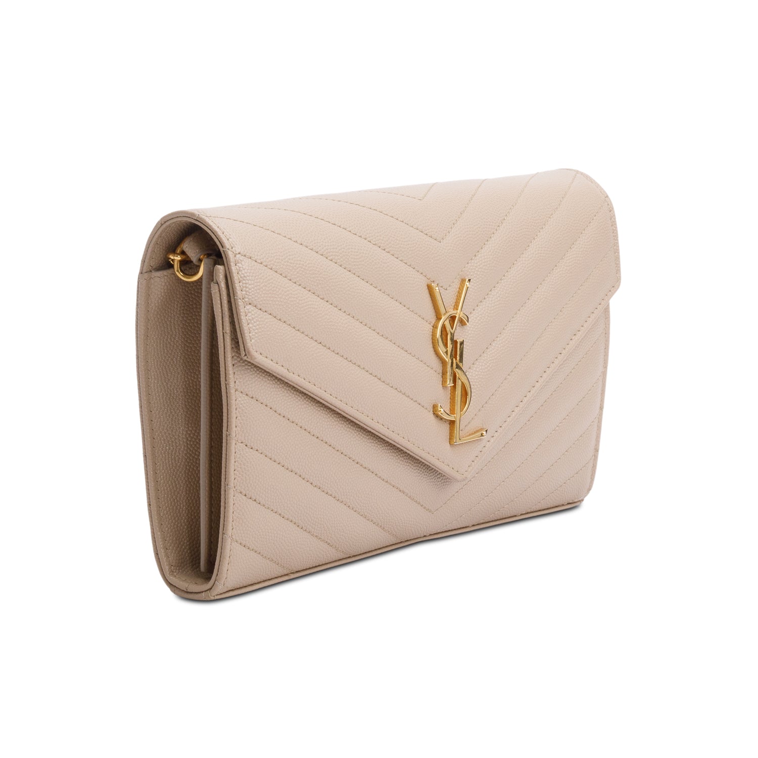 Saint Laurent 2023 Beige Grain De Poudre Leather Cassandre Envelope Chain Wallet w/ Box & Receipt