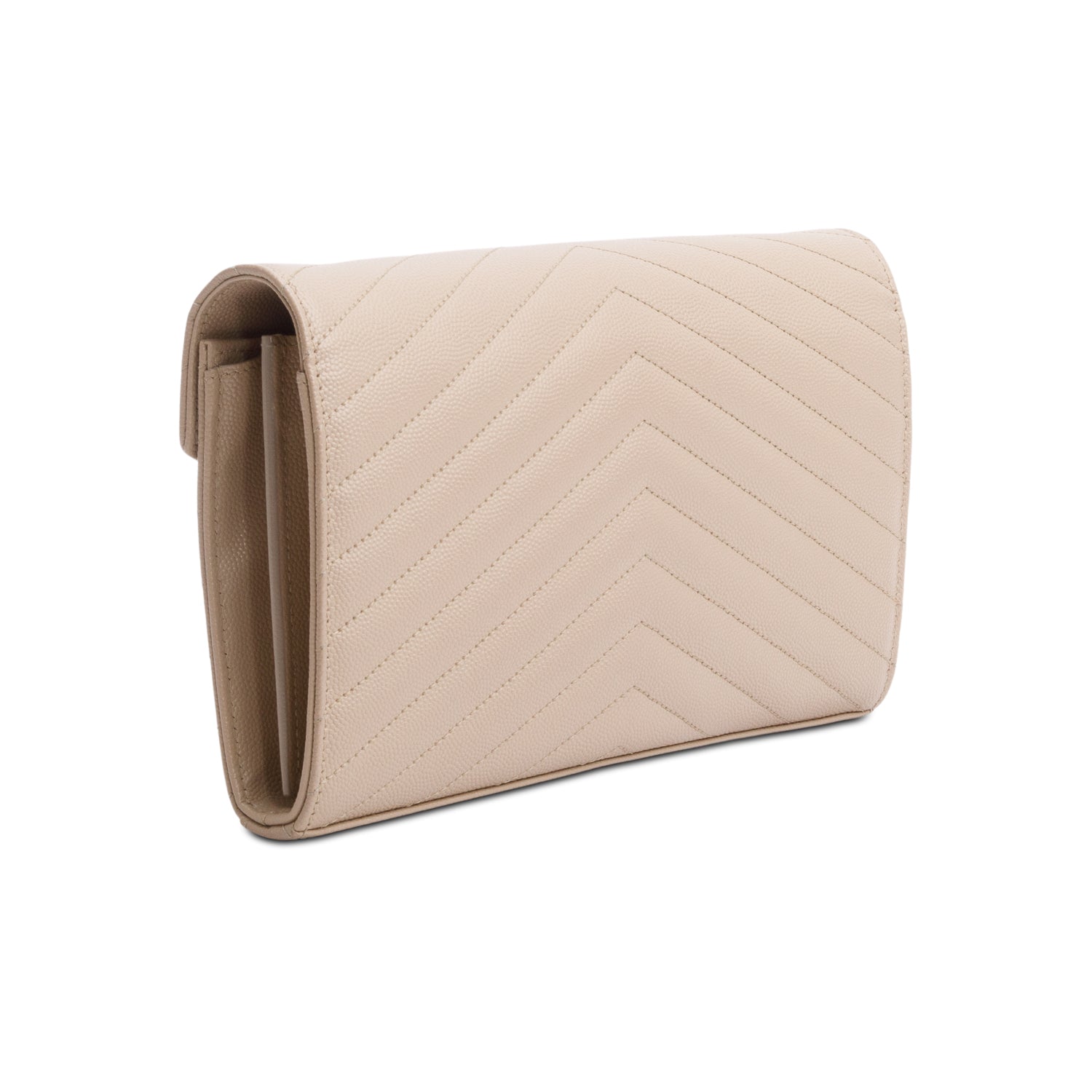 Saint Laurent 2023 Beige Grain De Poudre Leather Cassandre Envelope Chain Wallet w/ Box & Receipt