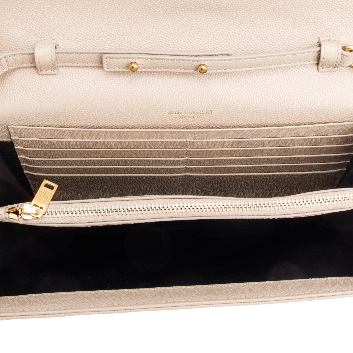 Saint Laurent 2023 Beige Grain De Poudre Leather Cassandre Envelope Chain Wallet w/ Box & Receipt