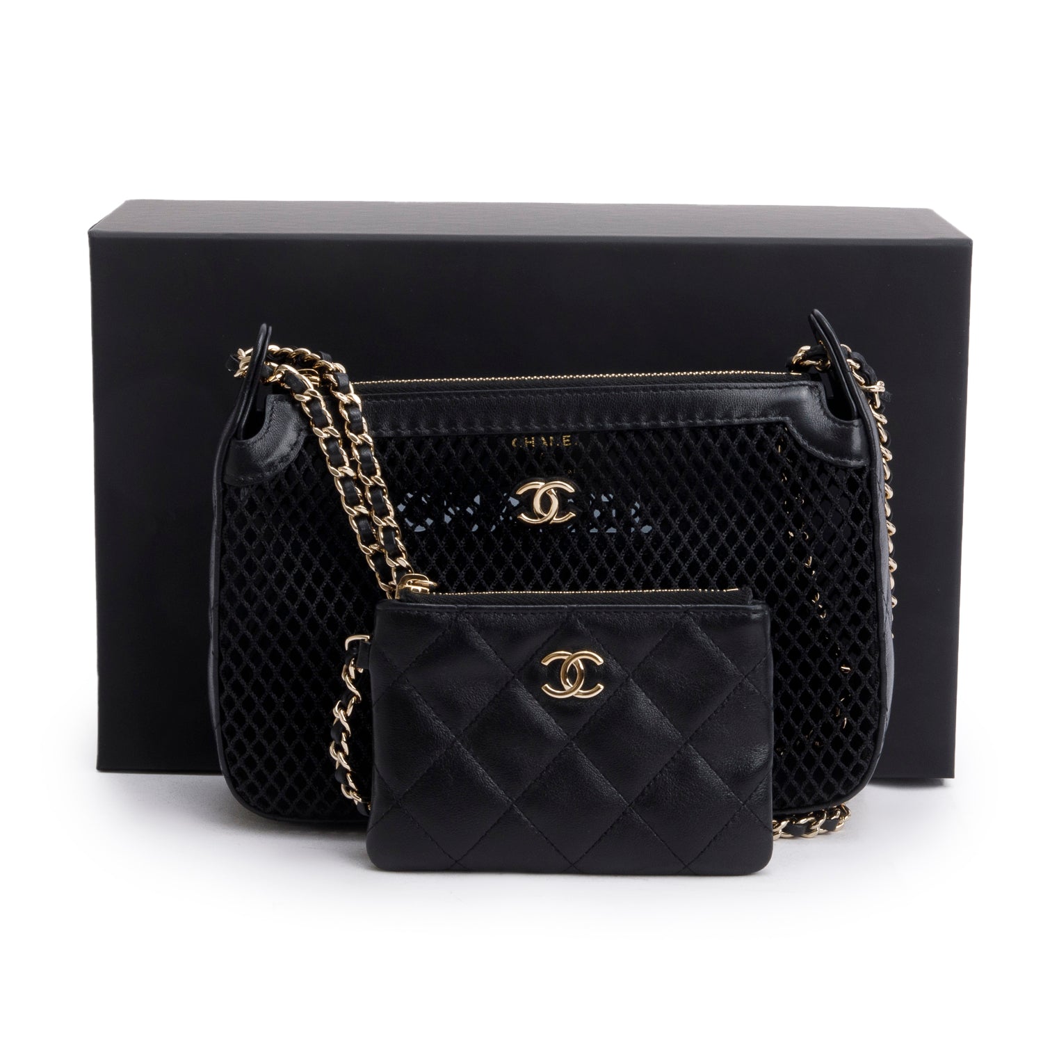 Chanel 2025 Black Mesh Shiny Lambskin Clutch Chain Bag w/ Pouch & Box