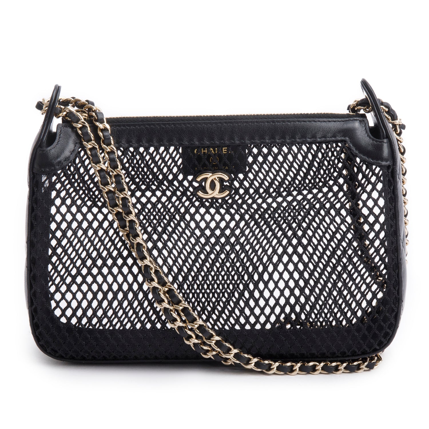 Chanel 2025 Black Mesh Shiny Lambskin Clutch Chain Bag w/ Pouch & Box
