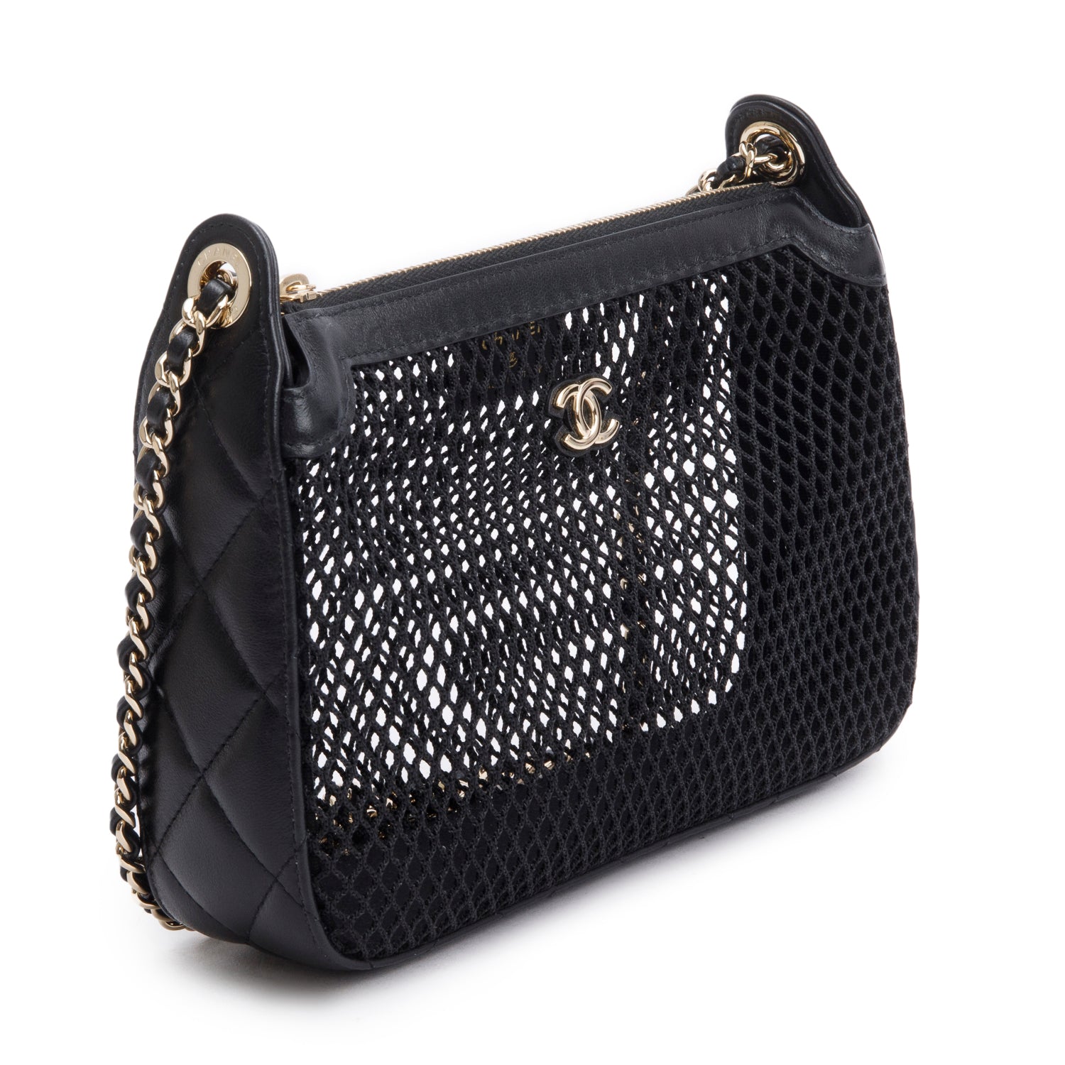 Chanel 2025 Black Mesh Shiny Lambskin Clutch Chain Bag w/ Pouch & Box