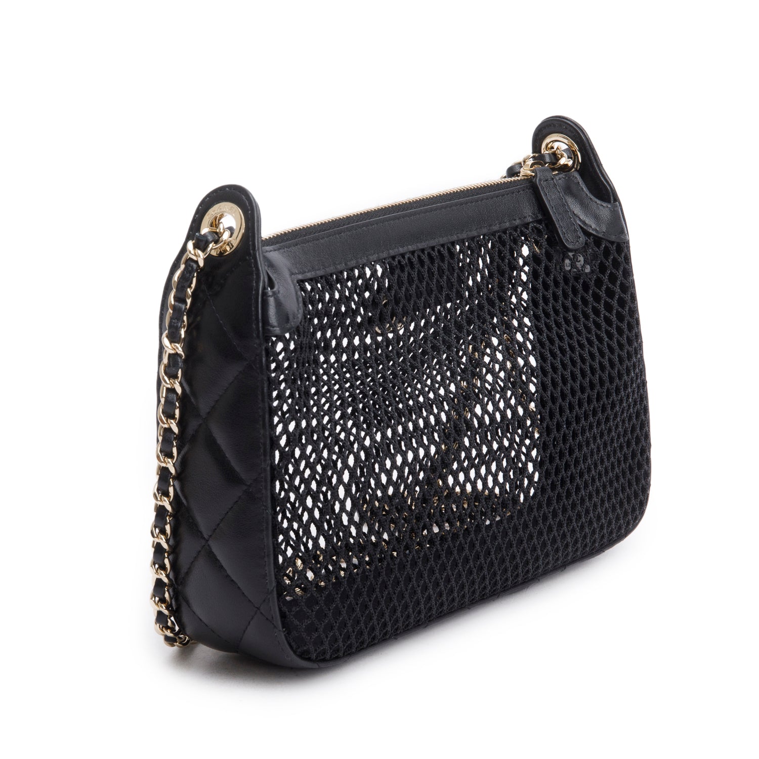 Chanel 2025 Black Mesh Shiny Lambskin Clutch Chain Bag w/ Pouch & Box