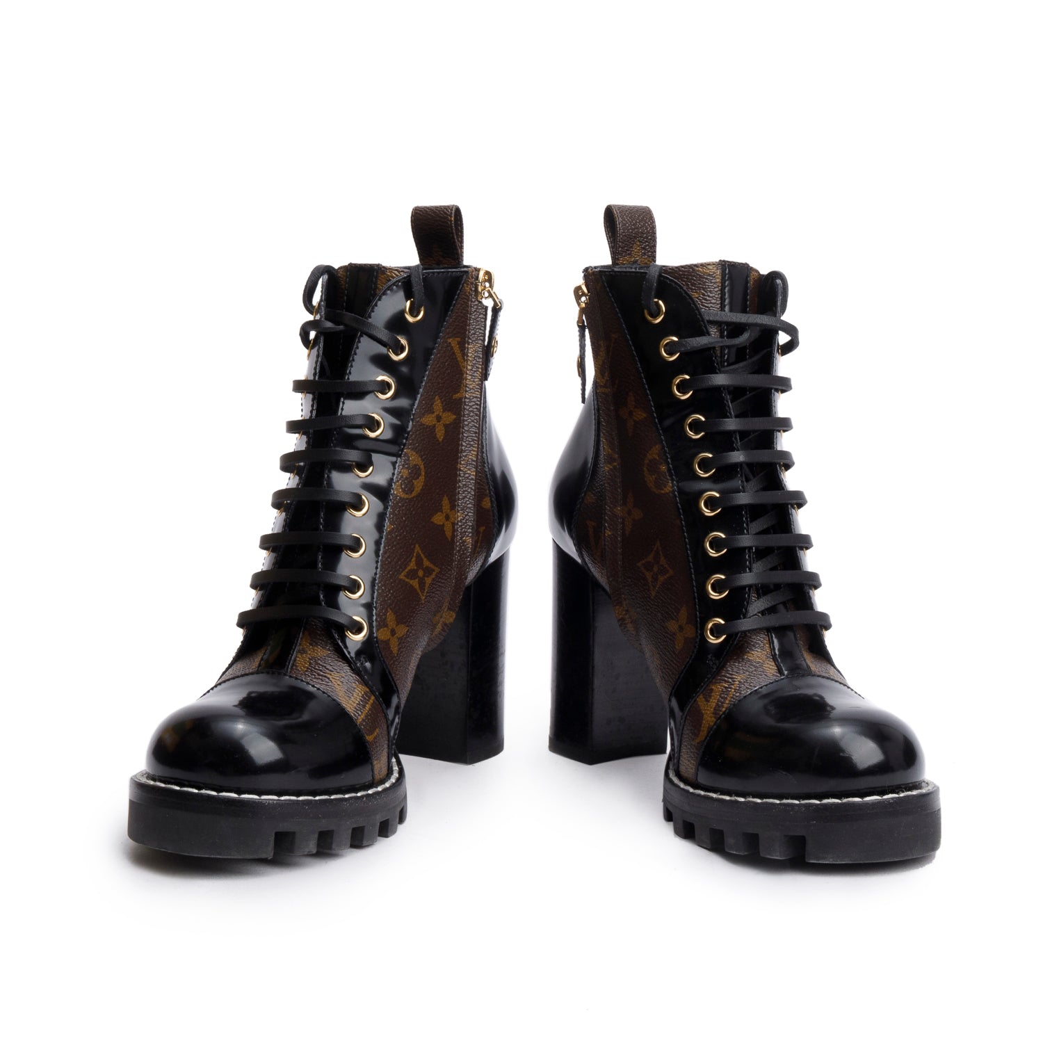 Louis Vuitton Black Patent Leather Monogram Trim Star Trail Ankle Boots, Size 38