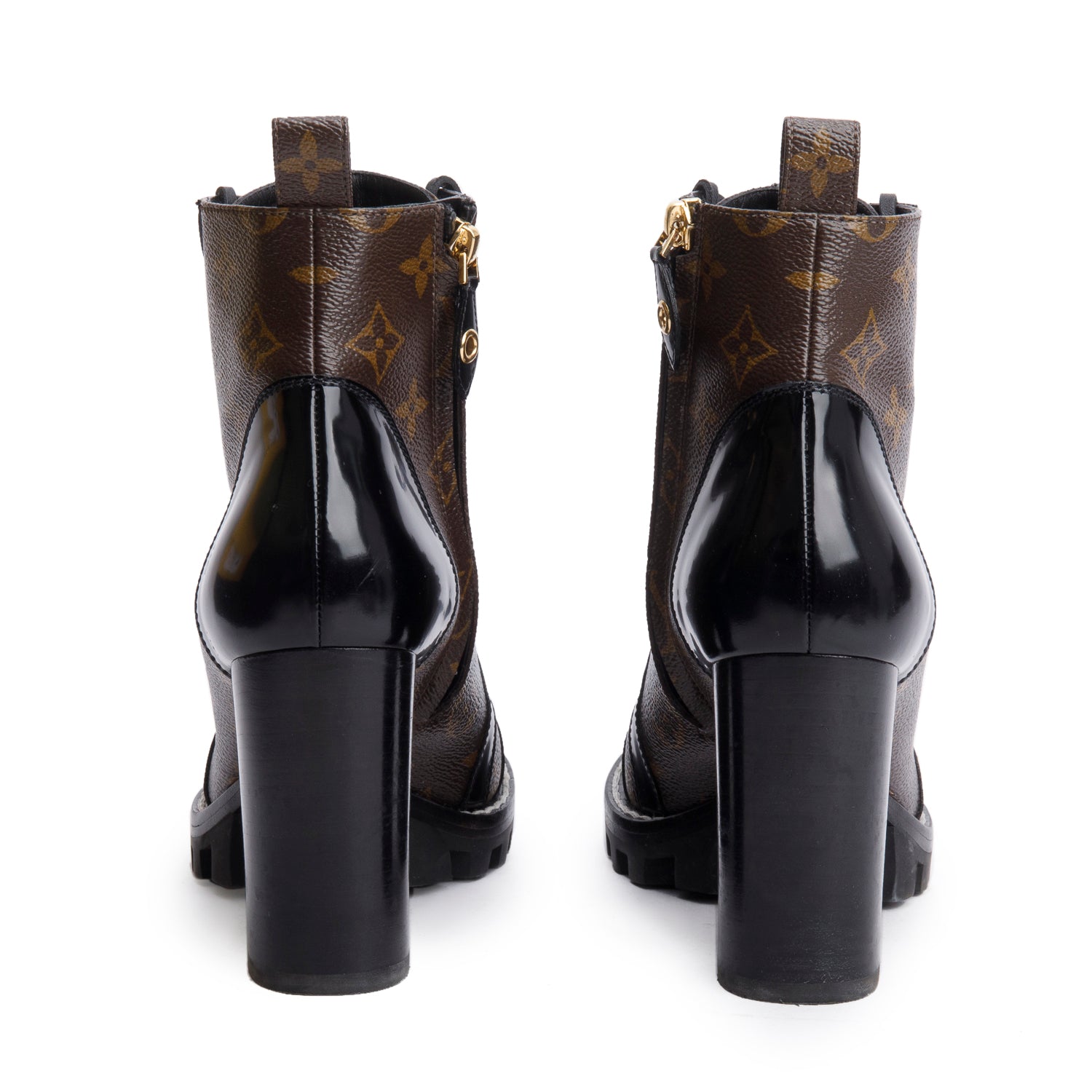 Louis Vuitton Black Patent Leather Monogram Trim Star Trail Ankle Boots, Size 38