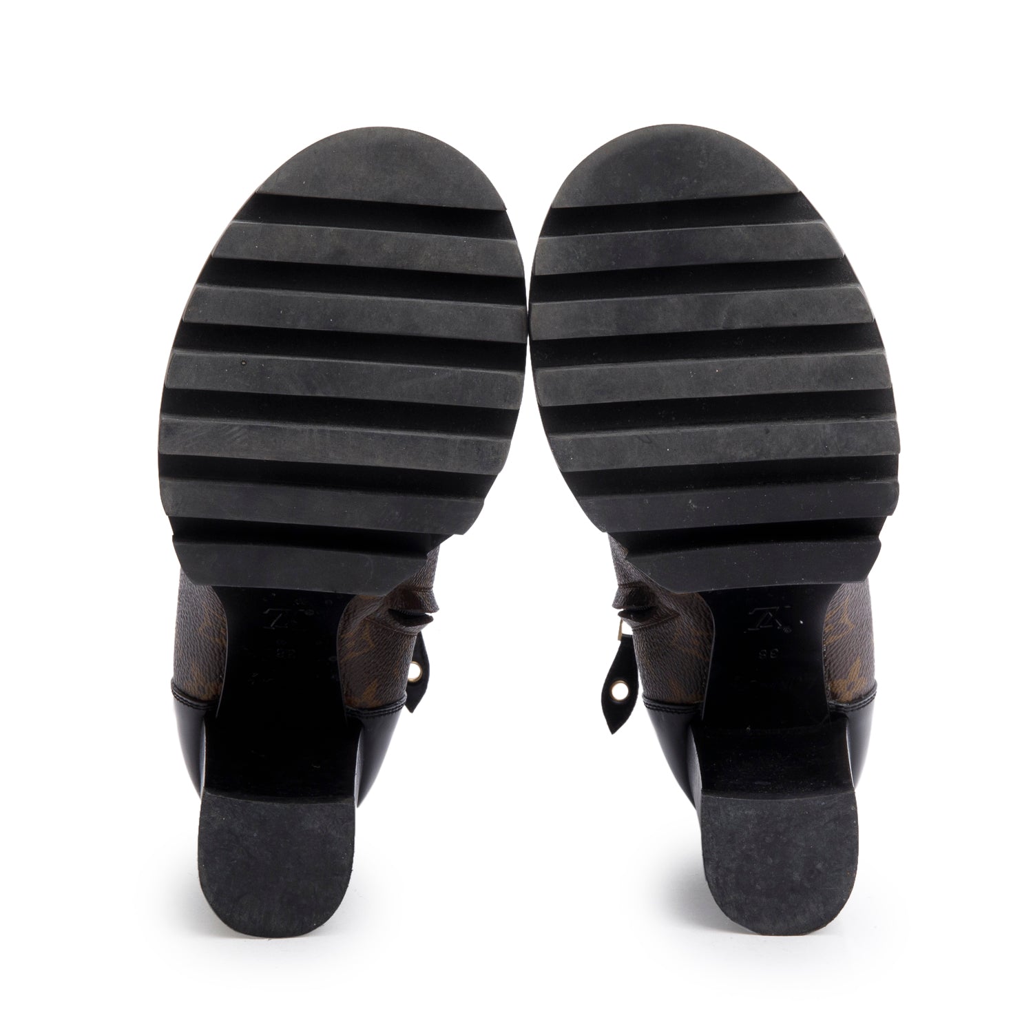 Louis Vuitton Black Patent Leather Monogram Trim Star Trail Ankle Boots, Size 38