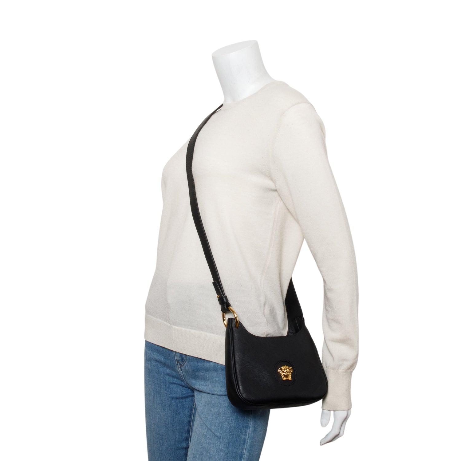 Versace Black Leather La Medusa Mini Hobo Crossbody Bag