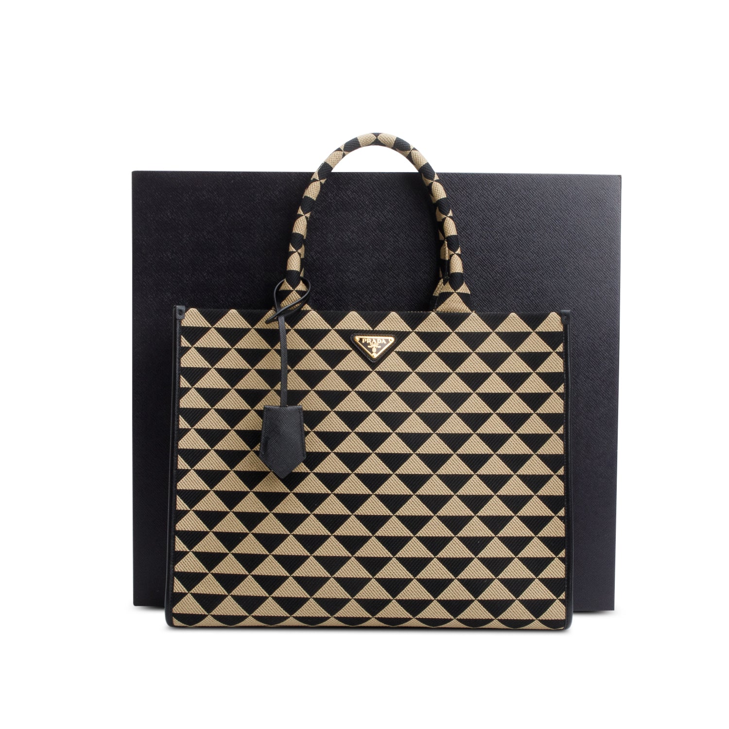 Prada Beige/Black Embroidered Fabric Large Symbole Tote w/ Box