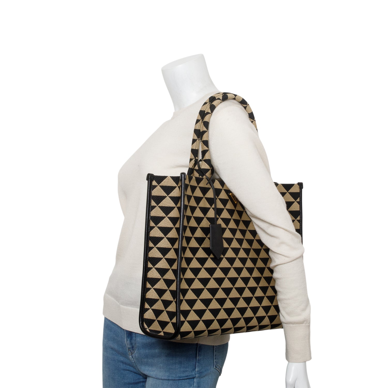 Prada Beige/Black Embroidered Fabric Large Symbole Tote w/ Box