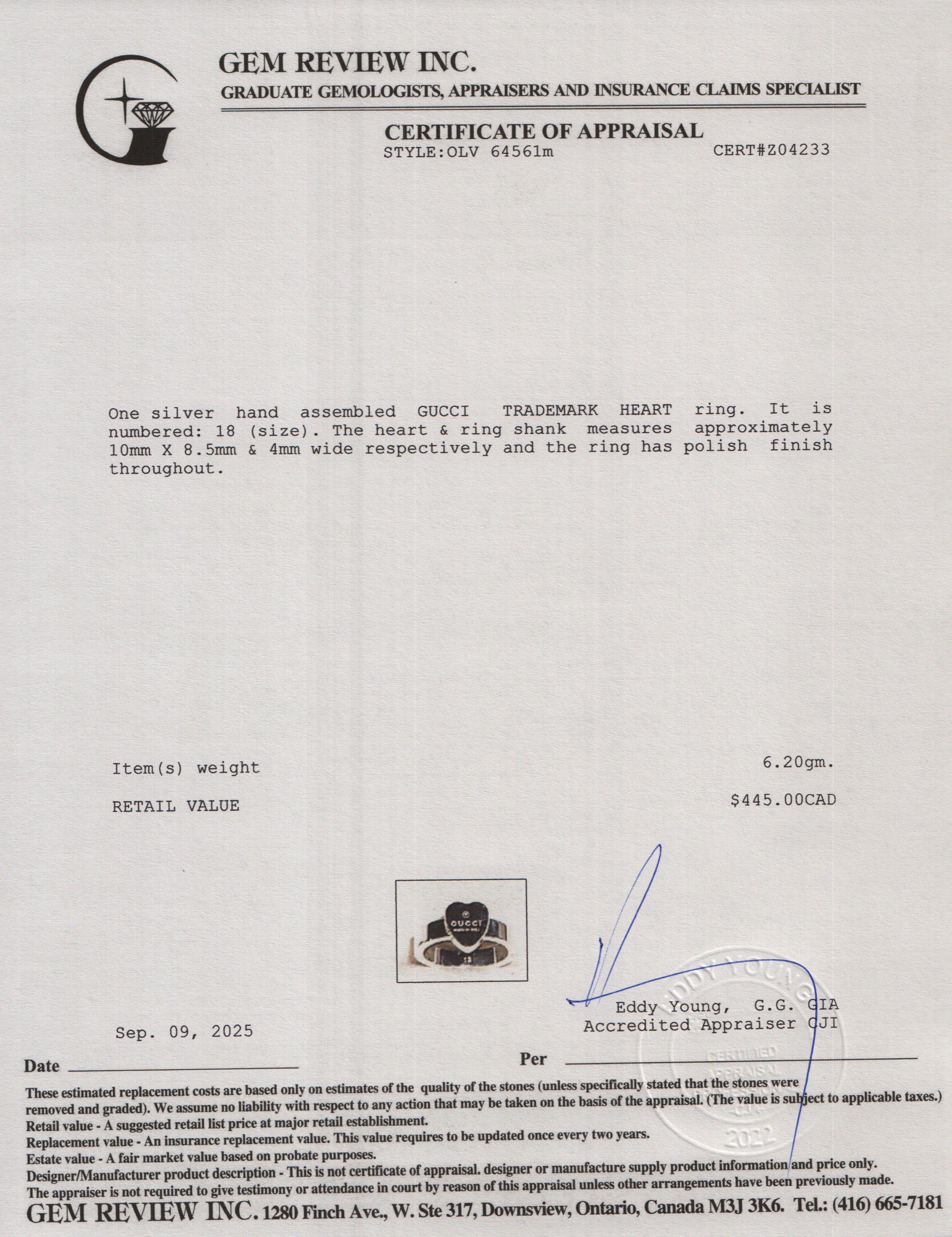 Gucci Sterling Silver Trademark Heart Ring, Size 18 8