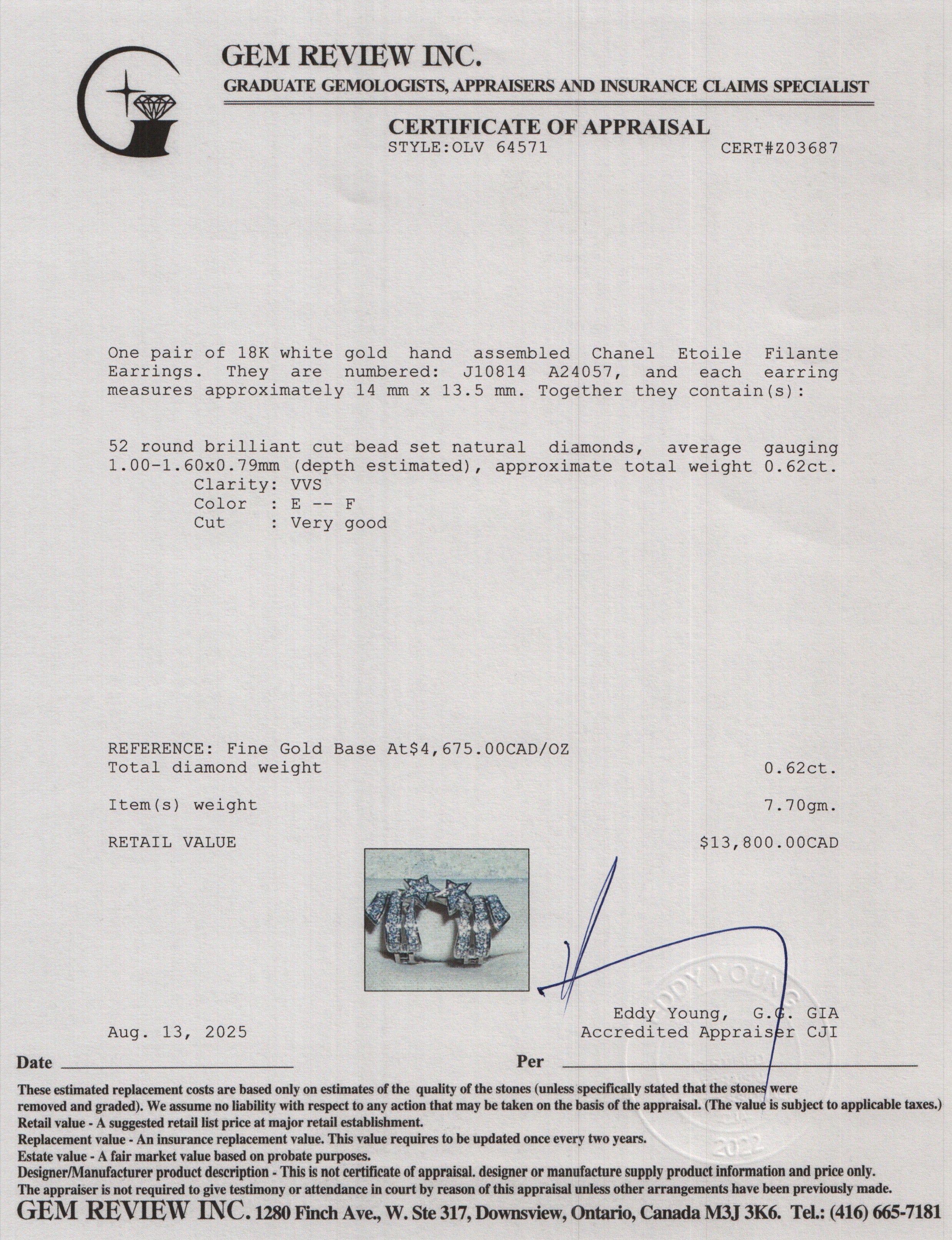 Chanel 18k White Gold Diamond Etoile Filante Earrings w/ Box