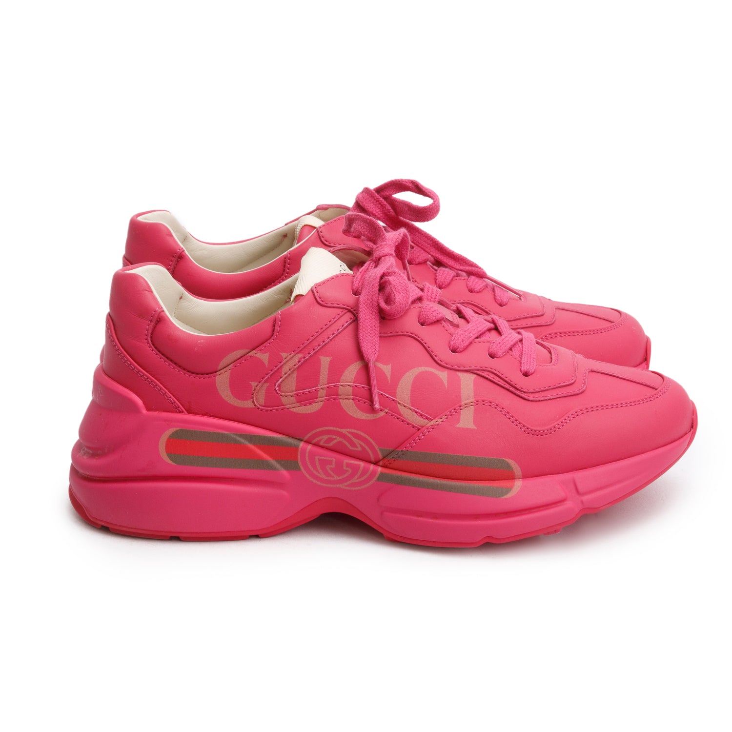 Gucci Pink Leather Women's Rhyton Gucci Logo Sneakers, Size 39 w/ Box