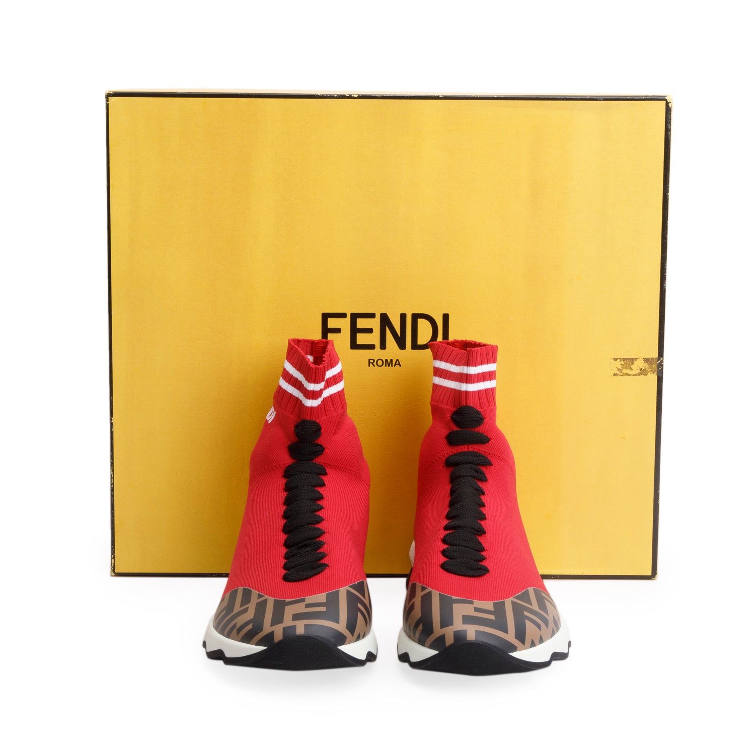 Fendi Red Stretch Knit FF Zucca Calfskin Mania Sock Sneakers, Size 38 w/ Box