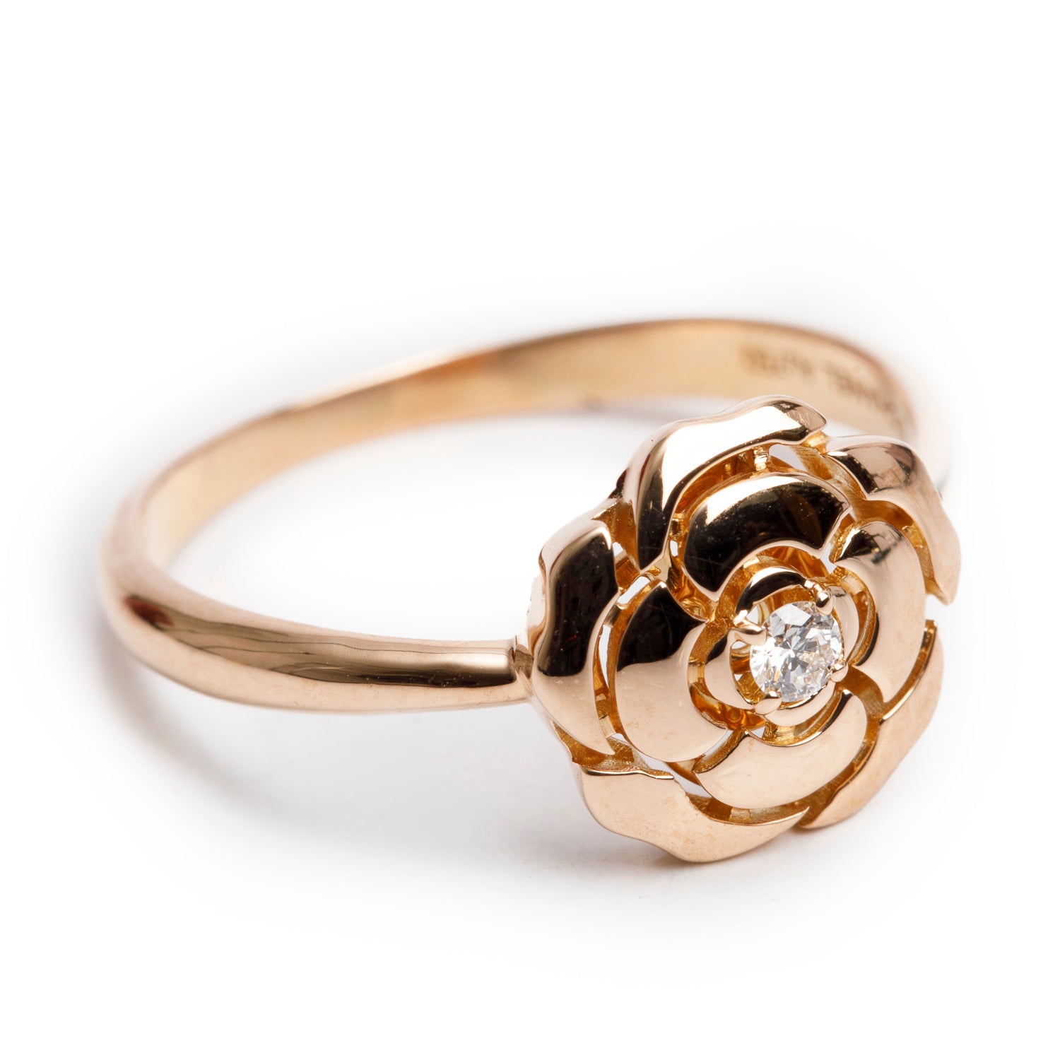 Chanel 18k Rose Gold Extrait de Camelia Ring, Size 54 7 Mini Version w/ Box & Papers