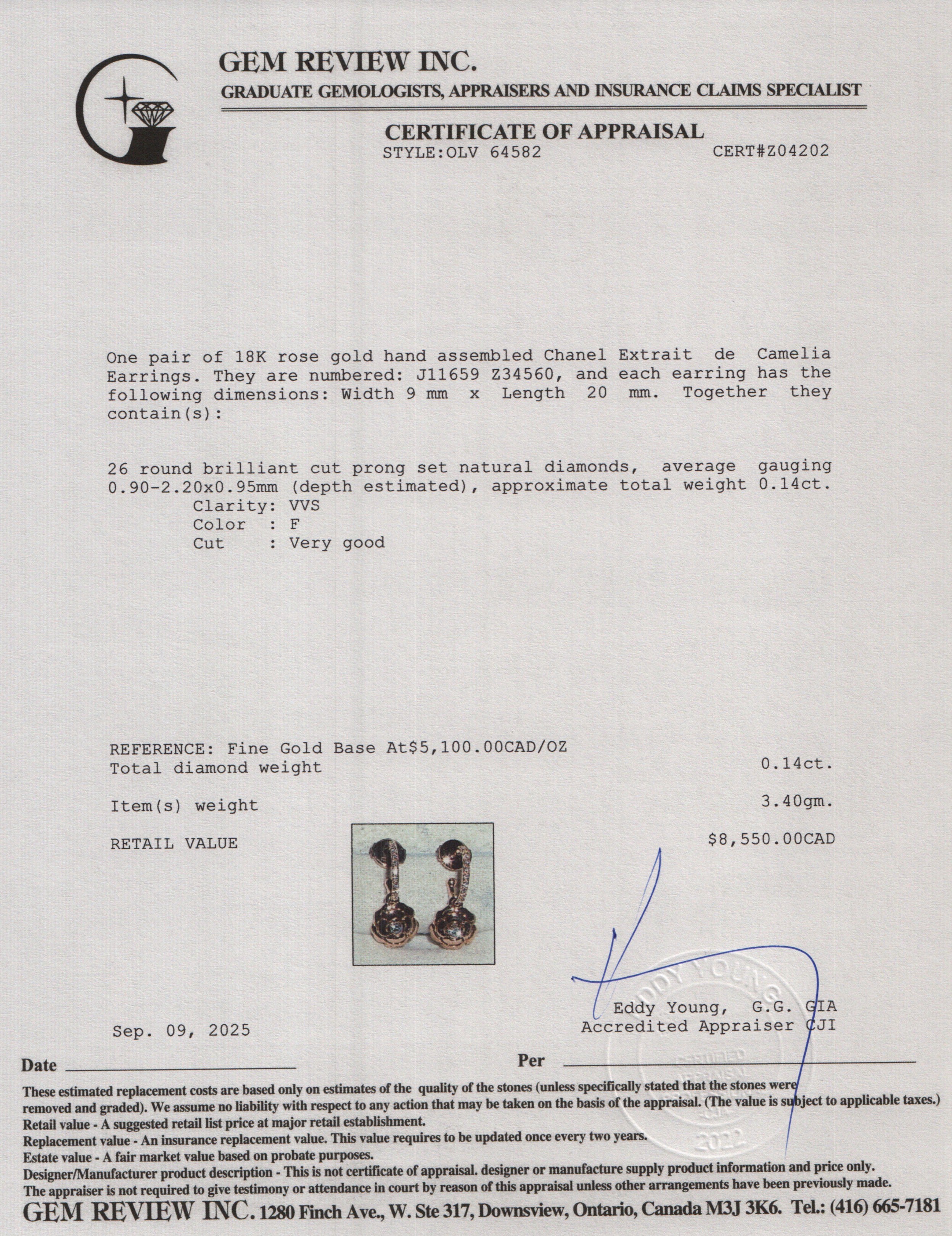 Chanel 18k Rose Gold Diamond Extrait de Camelia Earrings w/ Box & Certificate