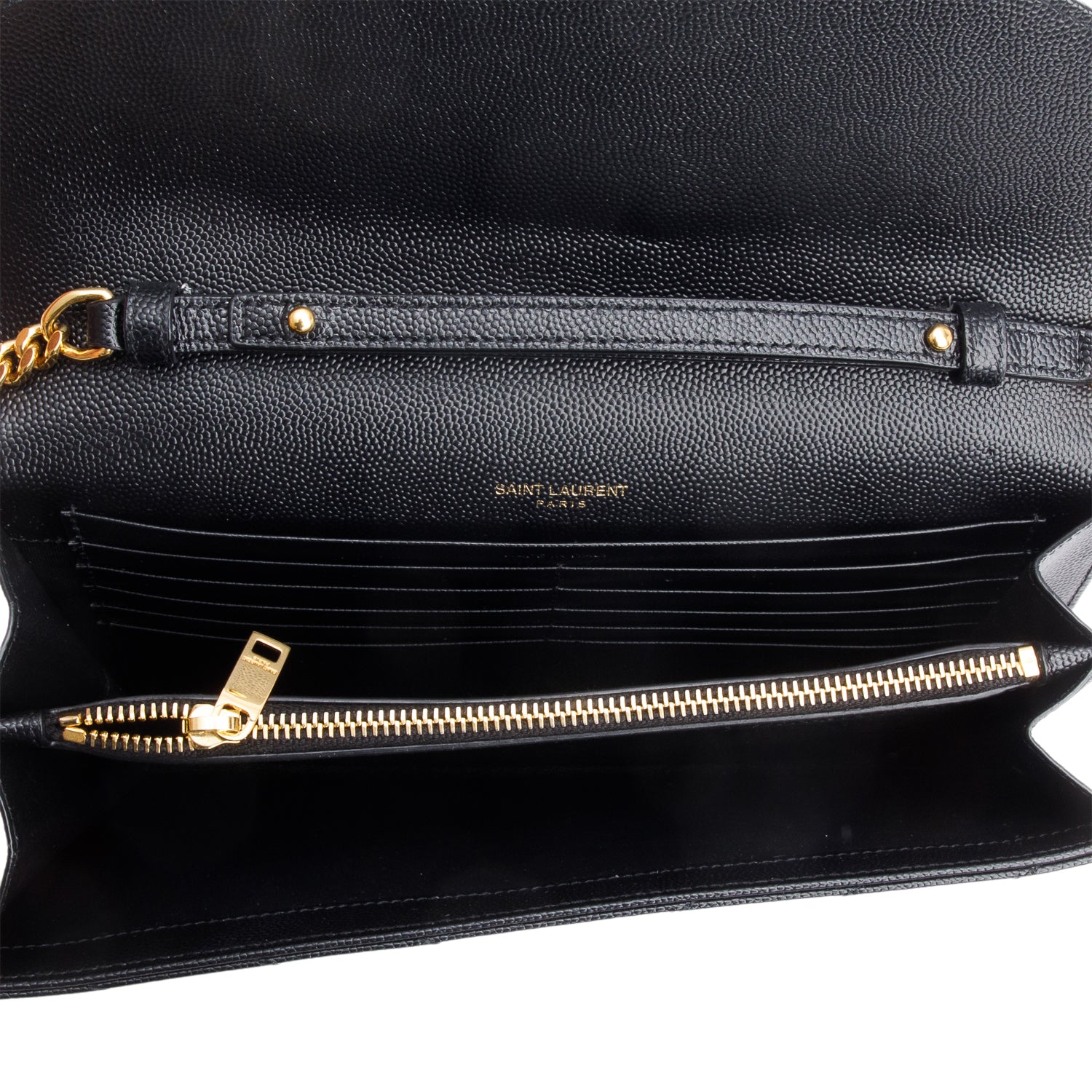 Saint Laurent 2023 Black Grain De Poudre Leather Cassandre Envelope Chain Wallet