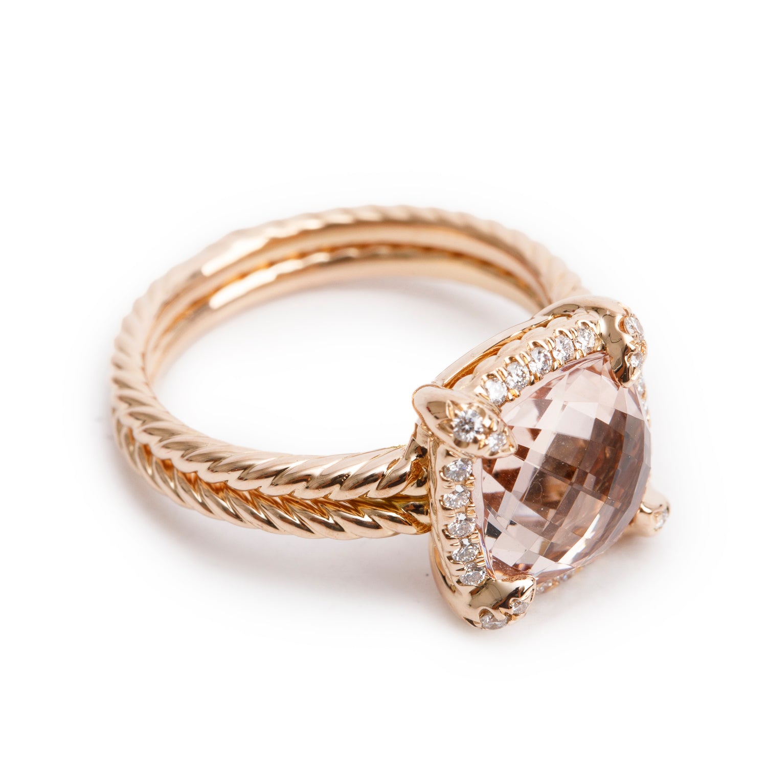 David Yurman 18k Rose Gold 9 MM Morganite & Diamond Chatelaine Ring, Size 6 w/ Box