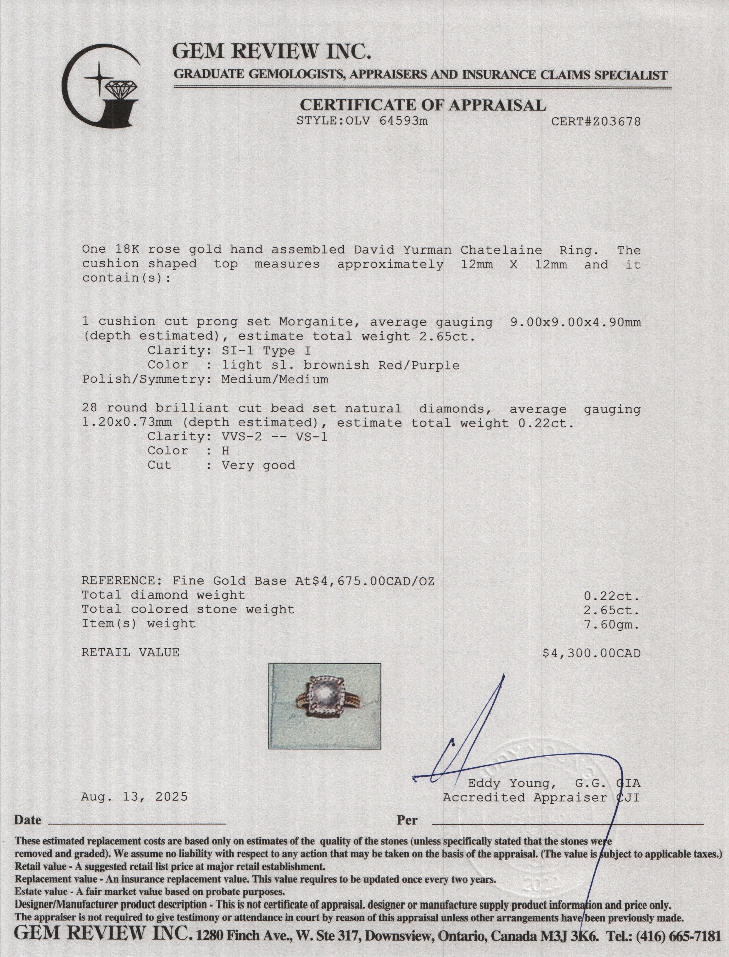 David Yurman 18k Rose Gold 9 MM Morganite & Diamond Chatelaine Ring, Size 6 w/ Box