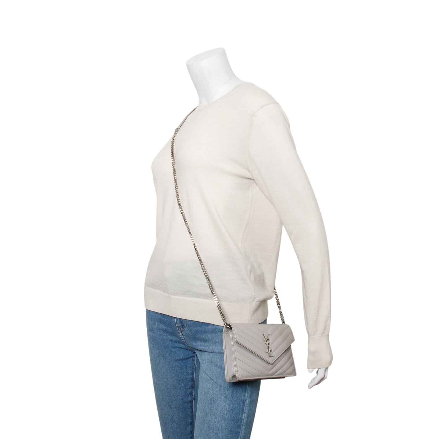 Saint Laurent Grey Cassandre Matelasse Envelope Chain Wallet