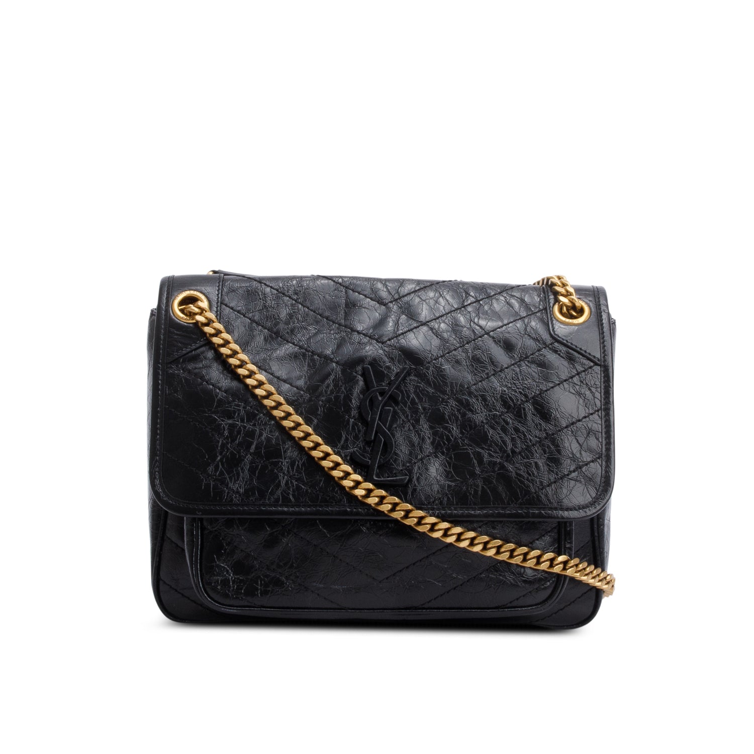 Saint Laurent 2023 Black Crinkled Calfskin Leather Medium Niki Shoulder Bag