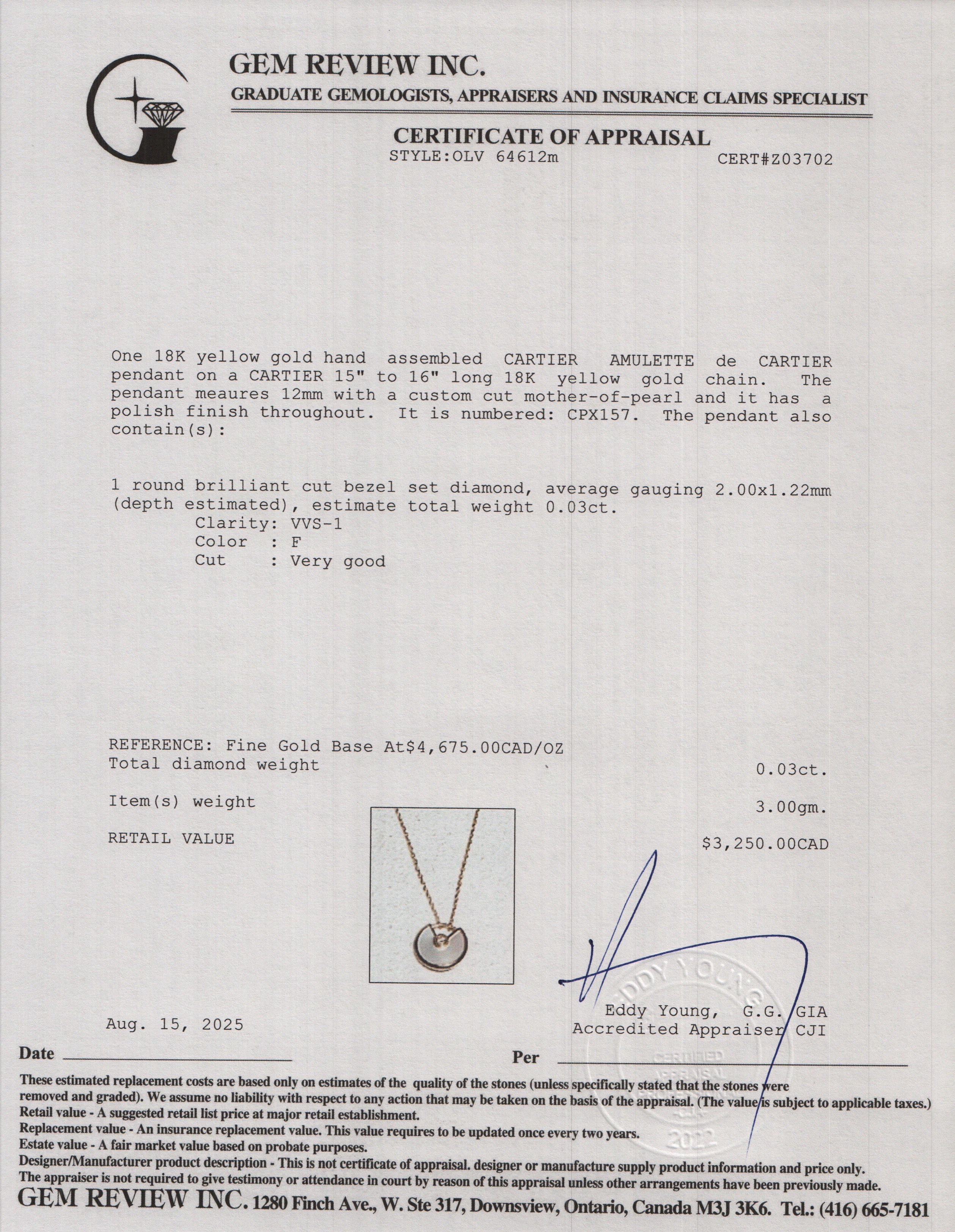 Cartier 18k Yellow Gold Mother of Pearl & Diamond Amulette de Cartier Pendant Necklace, XS Model w/ Box & Certificate