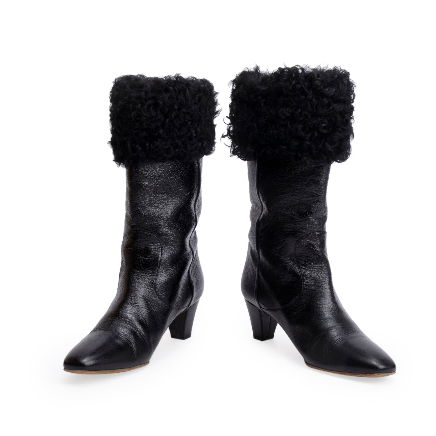 Chanel Black Leather Shearling CC Logo Riding Boots, Size 39.5