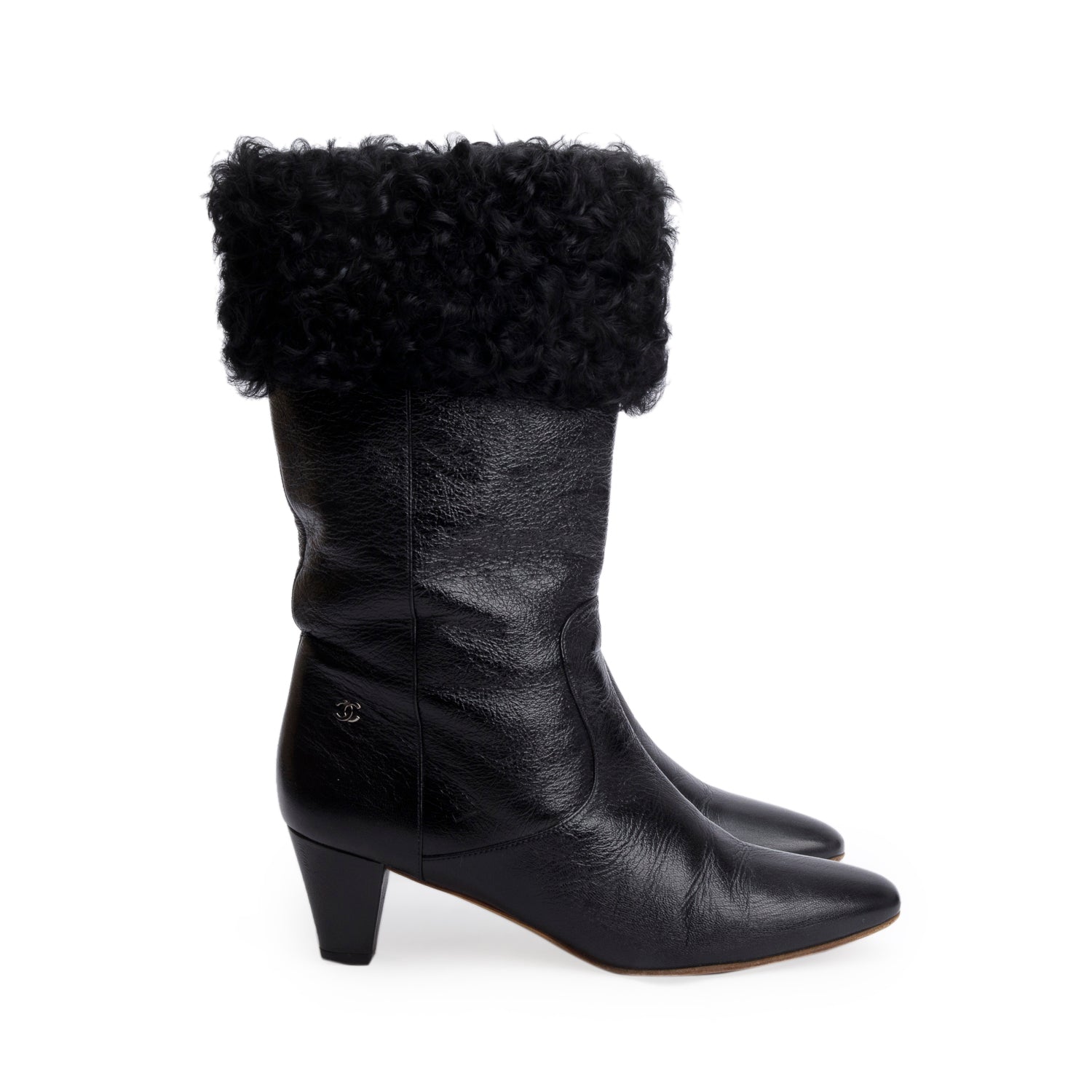 Chanel Black Leather Shearling CC Logo Riding Boots, Size 39.5
