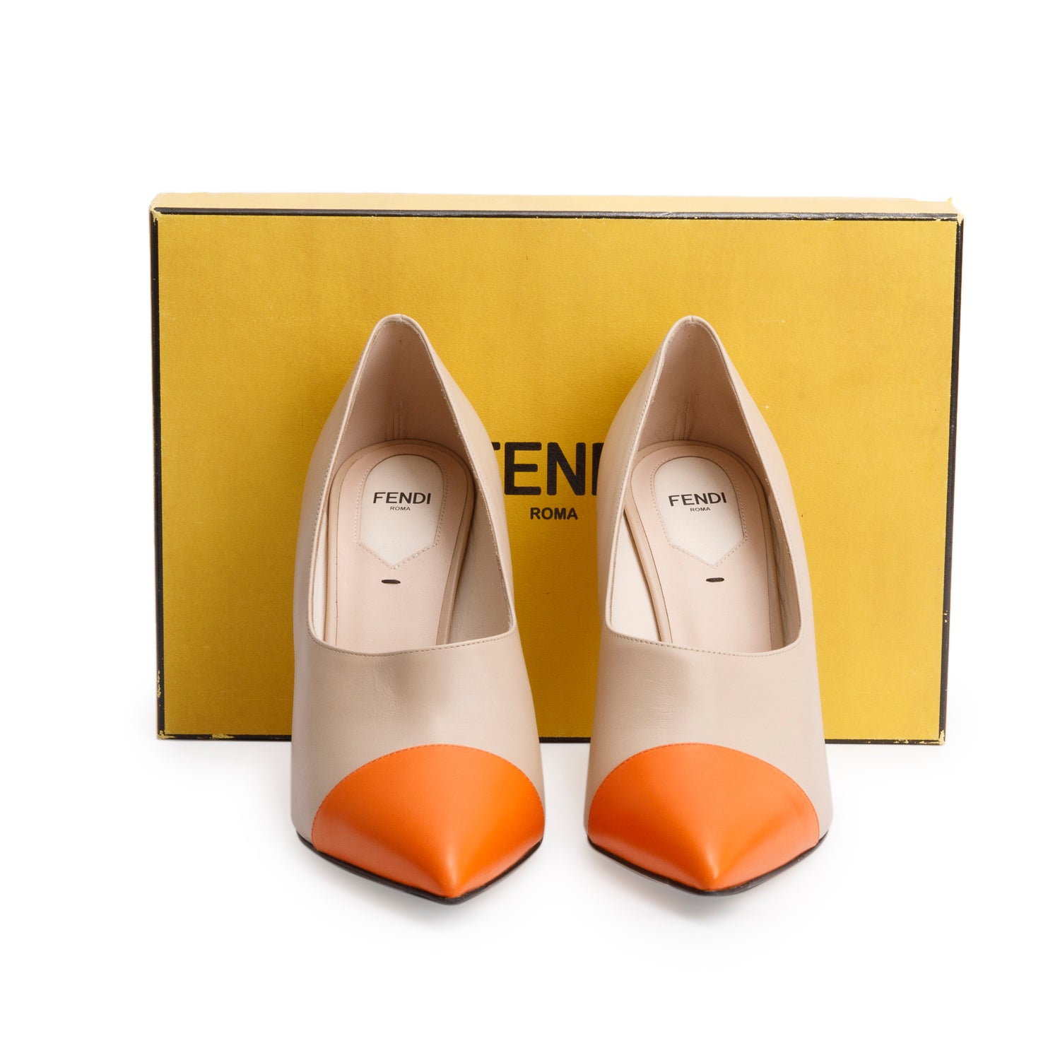 Fendi Beige/Orange Leather Fendi Roma Pointed-Toe Pumps, Size 40 w/ Box