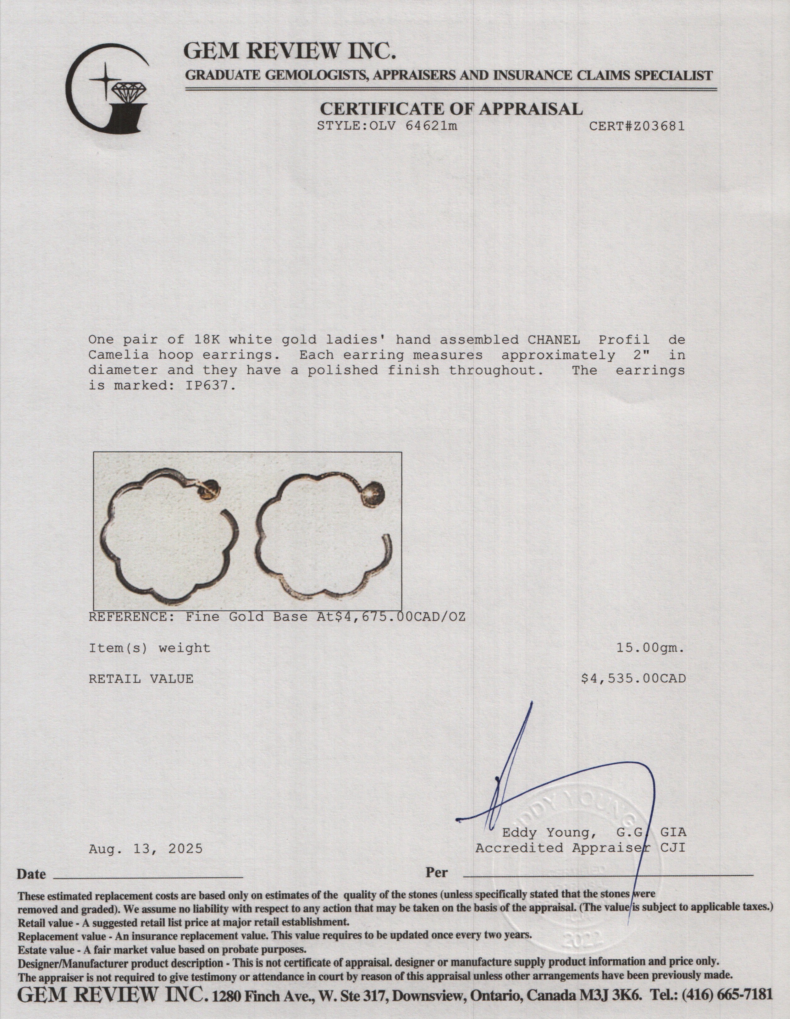 Chanel 18k Yellow Gold Large Profil de Camelia Hoop Earrings