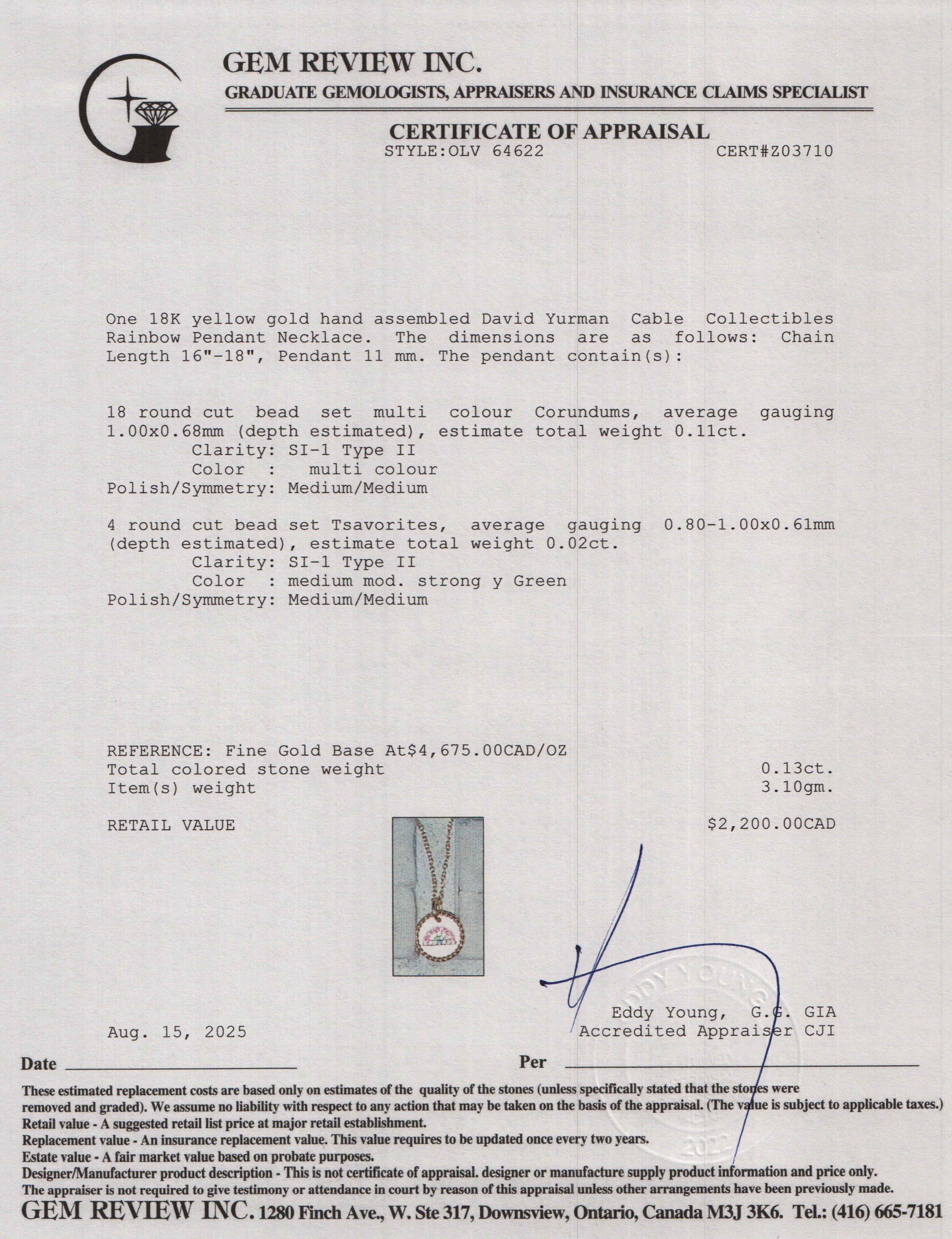 David Yurman 18k Yellow Gold Sapphire & Tsavorite Cable Collectibles Rainbow Pendant Necklace, 11 MM w/ Box