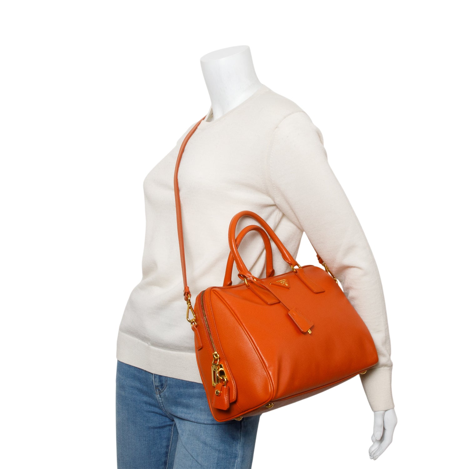 Prada Orange Saffiano Lux Leather Bauletto Bag w/ Strap & Authenticity Card