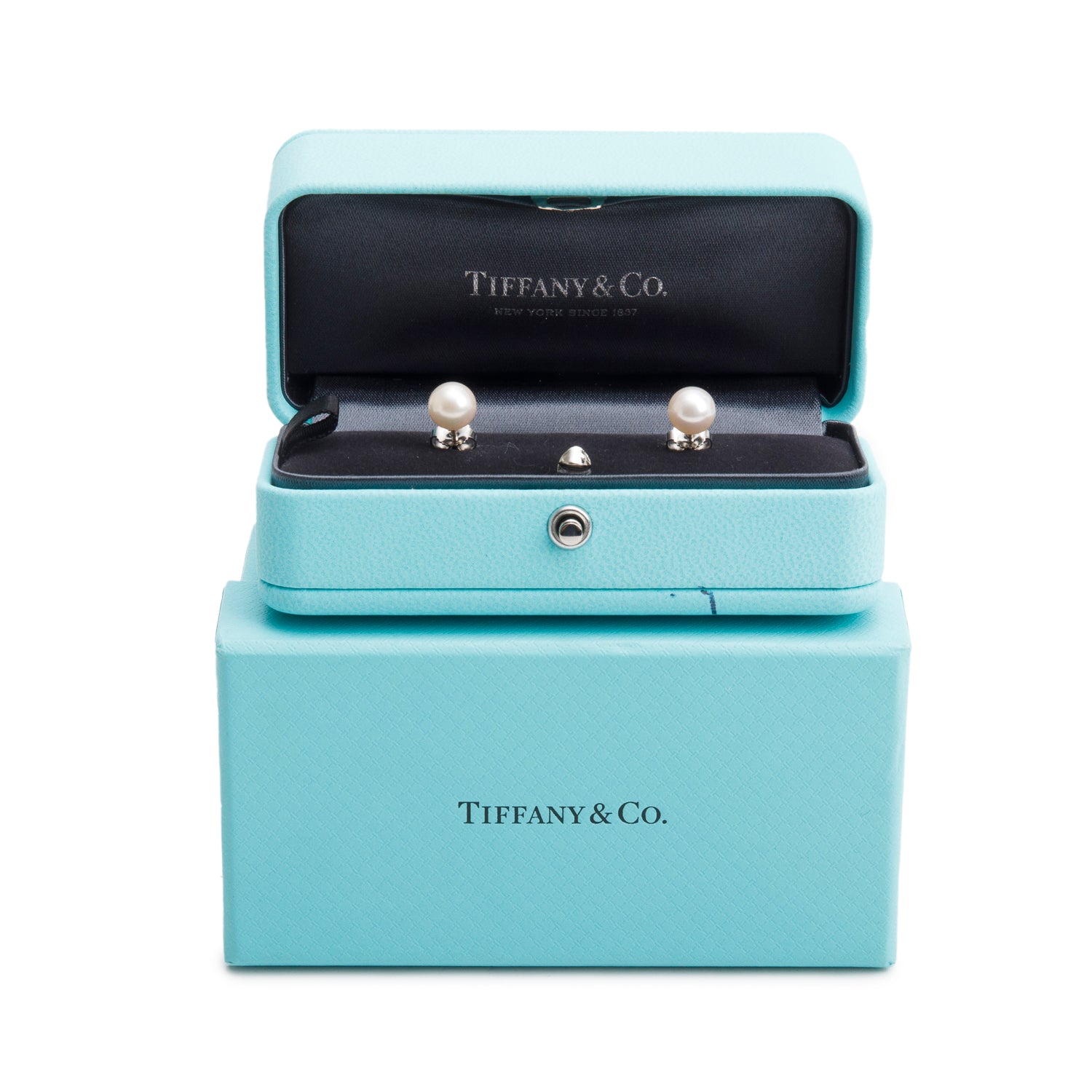 Tiffany & Co. 18k White Gold Signature Pearl Stud Earrings, 7-7.5 MM  w/ Box