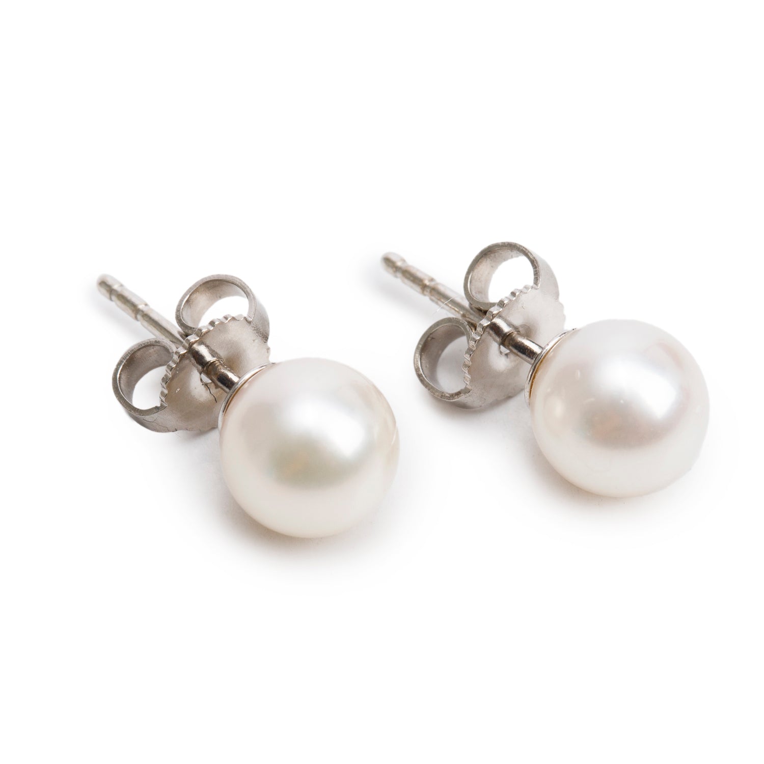 Tiffany & Co. 18k White Gold Signature Pearl Stud Earrings, 7-7.5 MM  w/ Box
