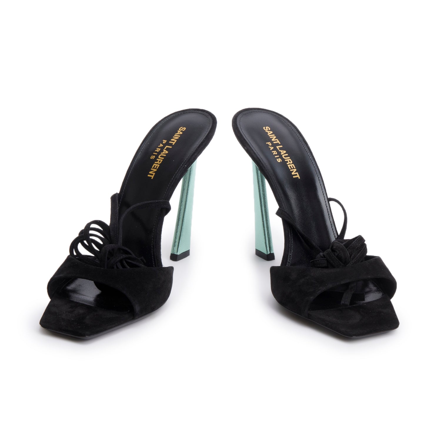 Saint Laurent Black Suede Green Leather Paz 105 Ankle Strap Heeled Sandals, Size 39 w/ Box